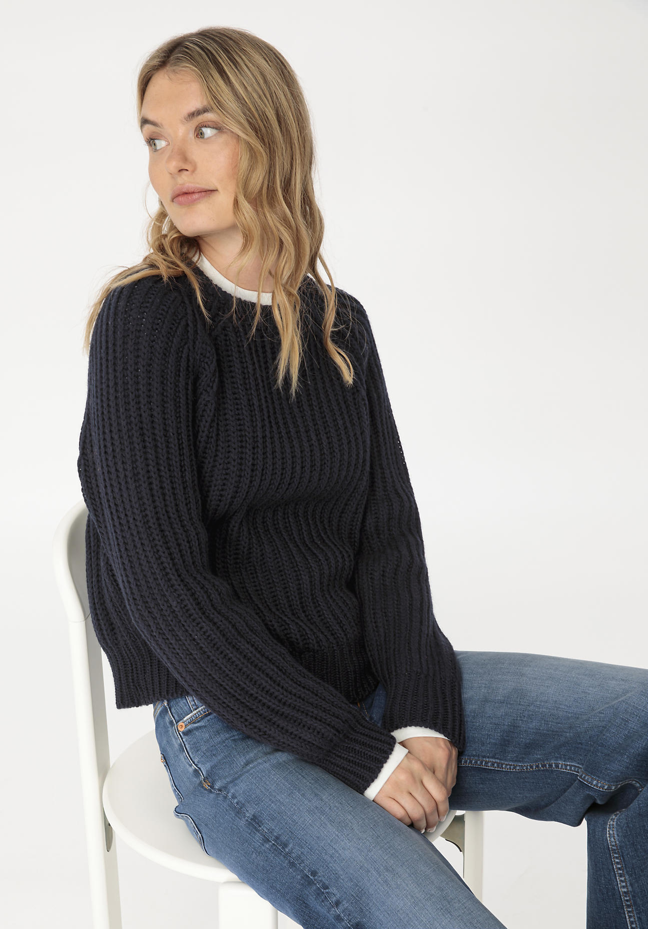 hessnatur Damen Pullover Relaxed aus Bio-Baumwolle und Bio-Merinowolle - blau GrösseL von hessnatur