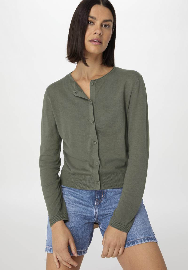 hessnatur Damen Strickjacke Regular aus Leinen mit Bio-Baumwolle - grün Grösse44 von hessnatur