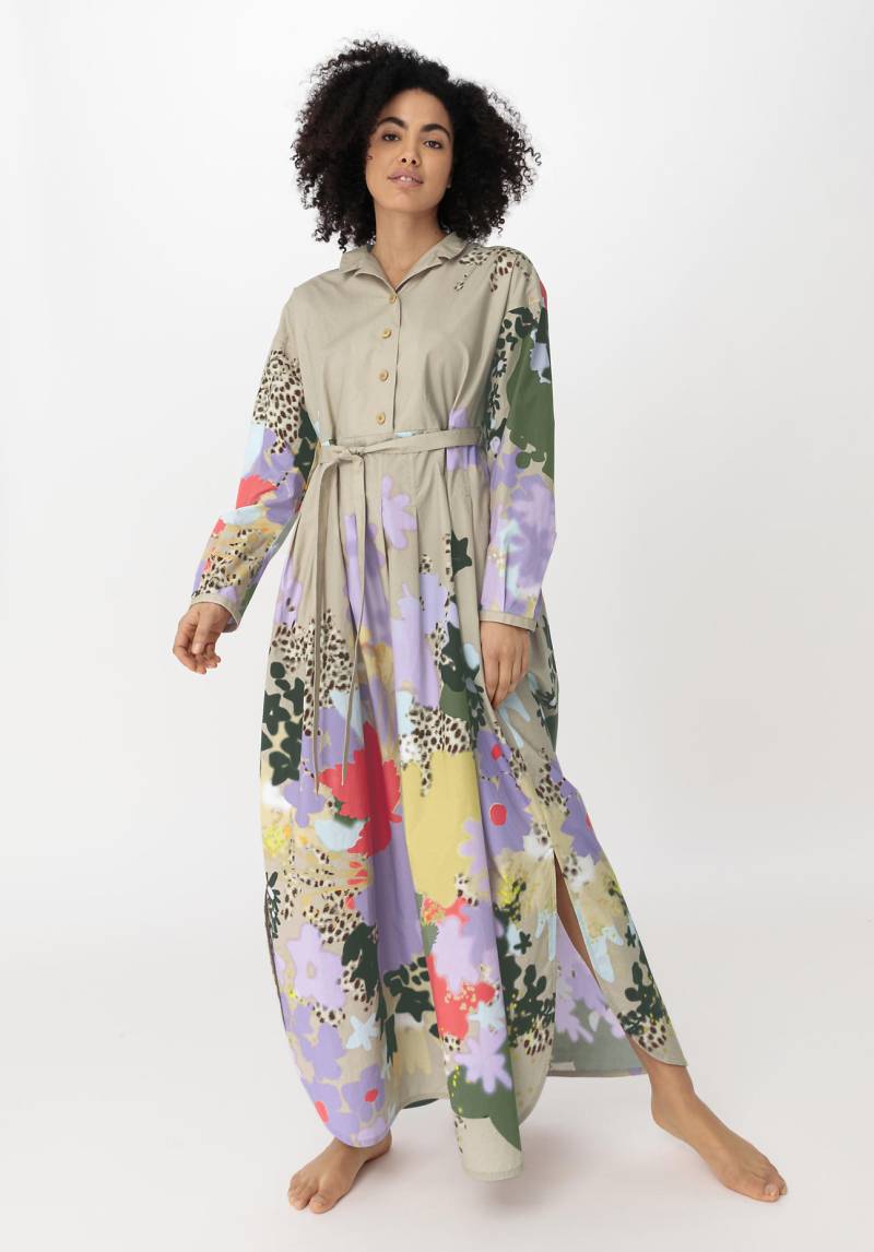 hessnatur Damen WUNDERKIND X HESSNATUR Hemdblusenkleid in Maxi-Länge mit Print aus Bio-Baumwolle - beige Grösse40 von hessnatur