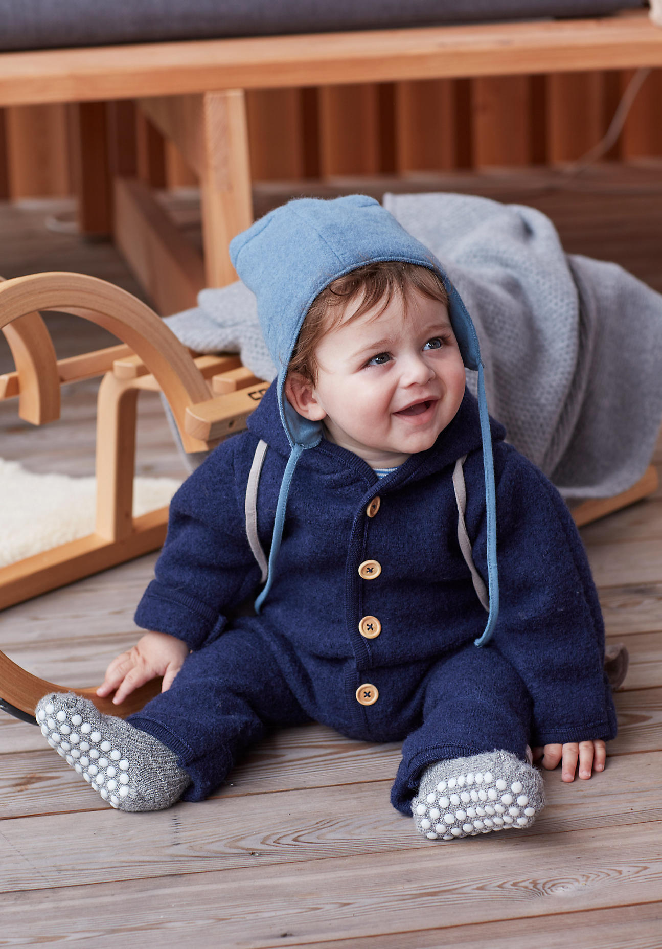 hessnatur Baby Wollwalk Overall Regular aus Bio-Merinowolle - blau Grösse50/56 von hessnatur