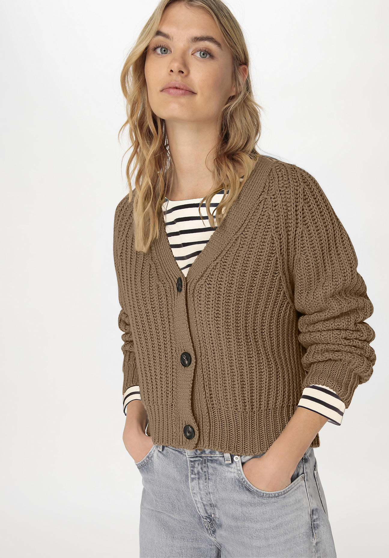 hessnatur Damen Cardigan Relaxed aus Bio-Baumwolle und Bio-Merinowolle - braun GrösseXS von hessnatur