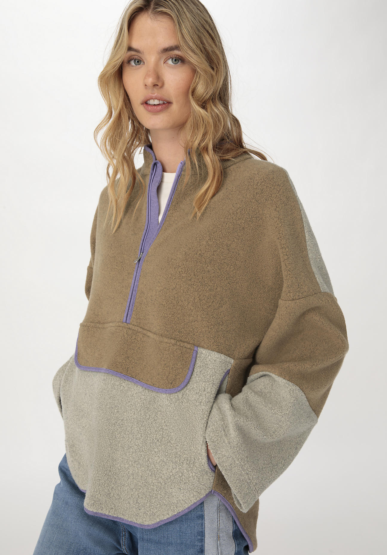 hessnatur Damen Fleece Troyer BETTERRECYCLING Oversize aus Bio-Baumwolle - braun GrösseS von hessnatur