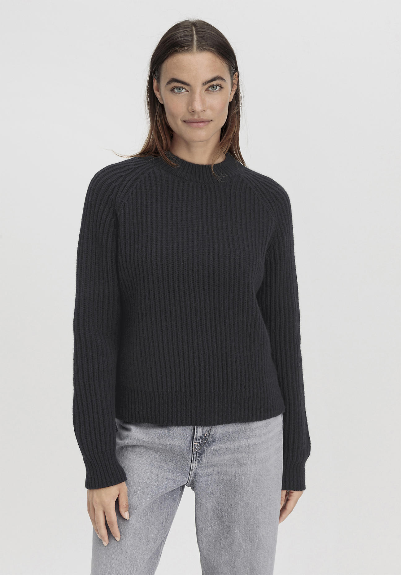 hessnatur Damen Pullover Relaxed aus Bio-Baumwolle und Schurwolle - schwarz GrösseL von hessnatur