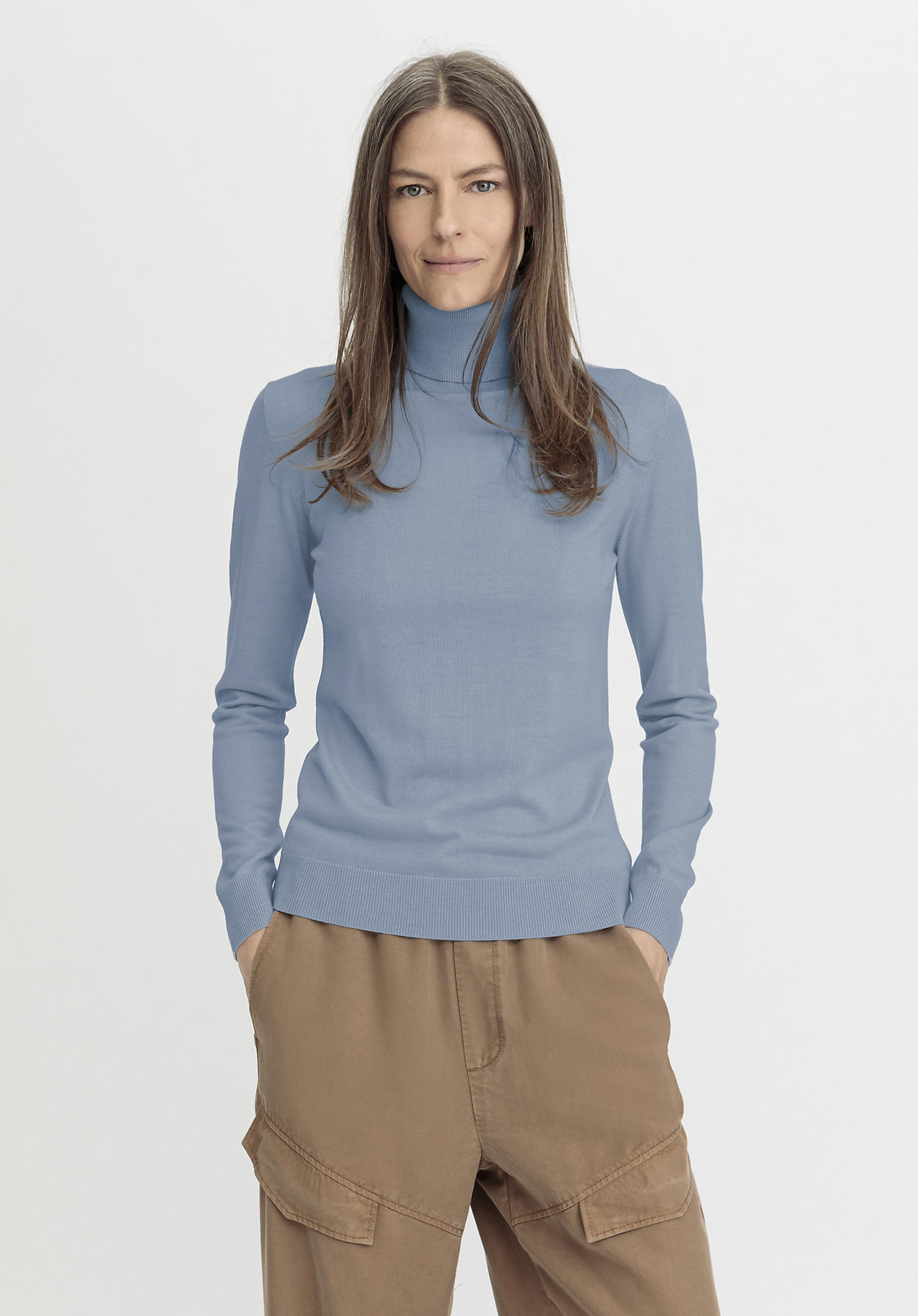 hessnatur Damen Pullover Rollkragen Regular aus Bio-Merinowolle - blau Grösse34 von hessnatur