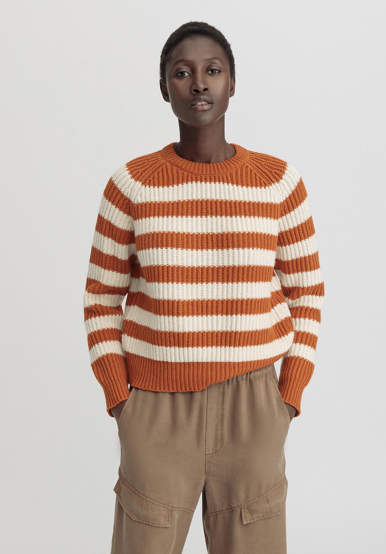 hessnatur Damen Pullover Streifen Relaxed aus Bio-Baumwolle und weicher Schurwolle - orange GrösseL von hessnatur