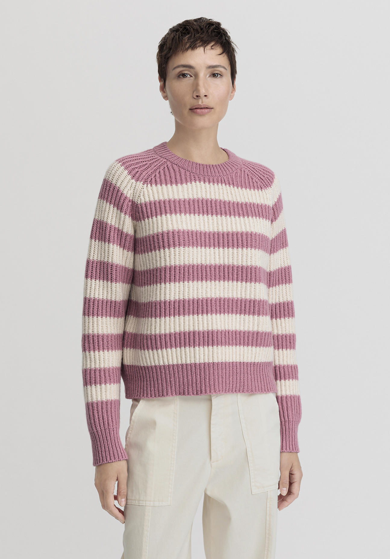 hessnatur Damen Pullover Streifen Relaxed aus Bio-Baumwolle und weicher Schurwolle - rosa GrösseM von hessnatur