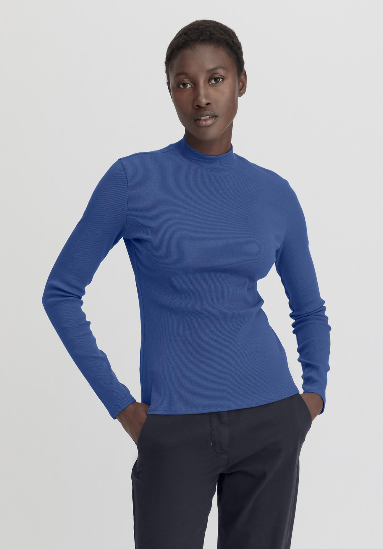 hessnatur Damen Rib Longshirt Slim aus Bio-Baumwolle - blau Grösse34 von hessnatur