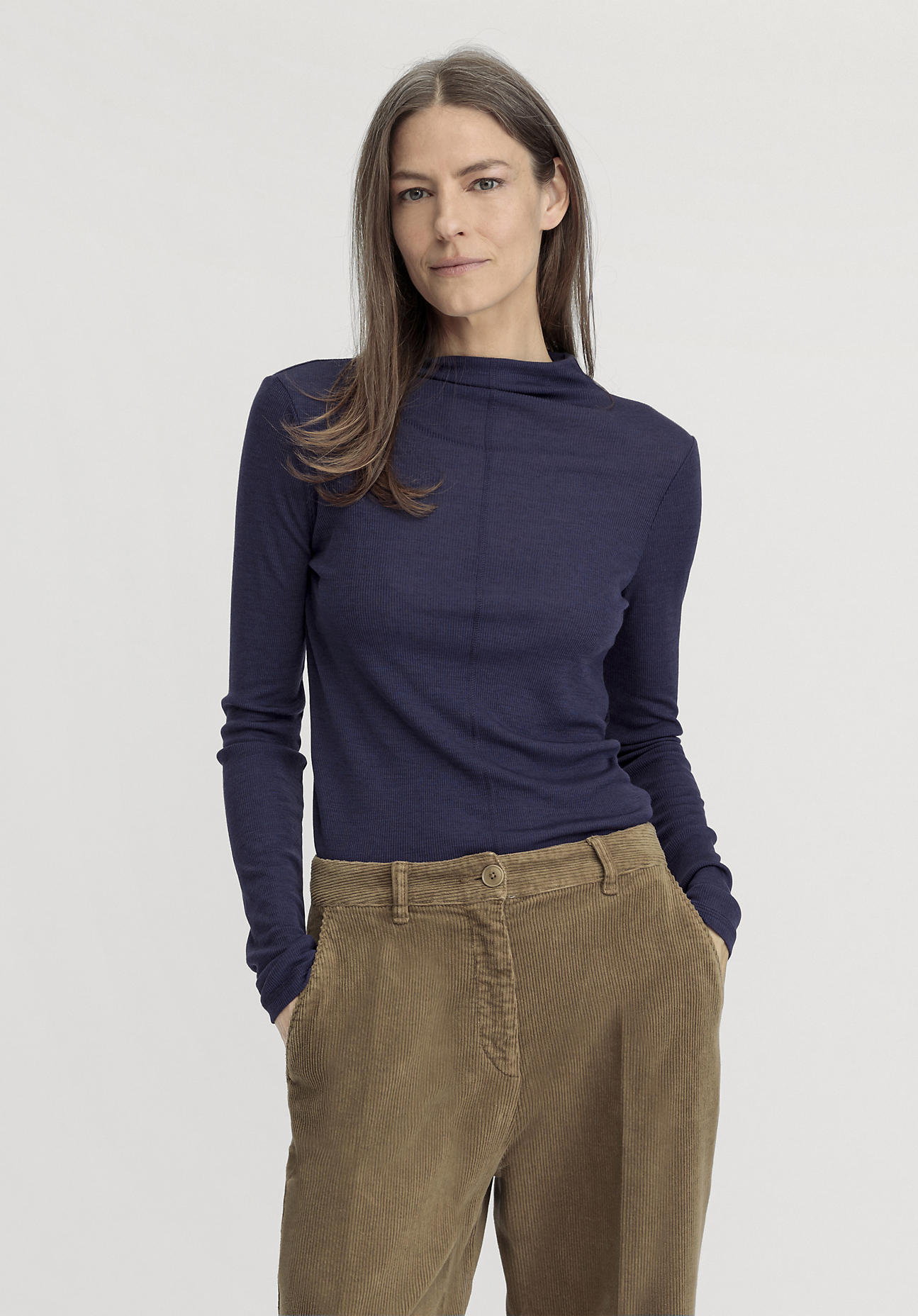 hessnatur Damen Rib Shirt Langarm Slim aus Schurwolle und TENCEL™ Lyocell - blau Grösse34 von hessnatur