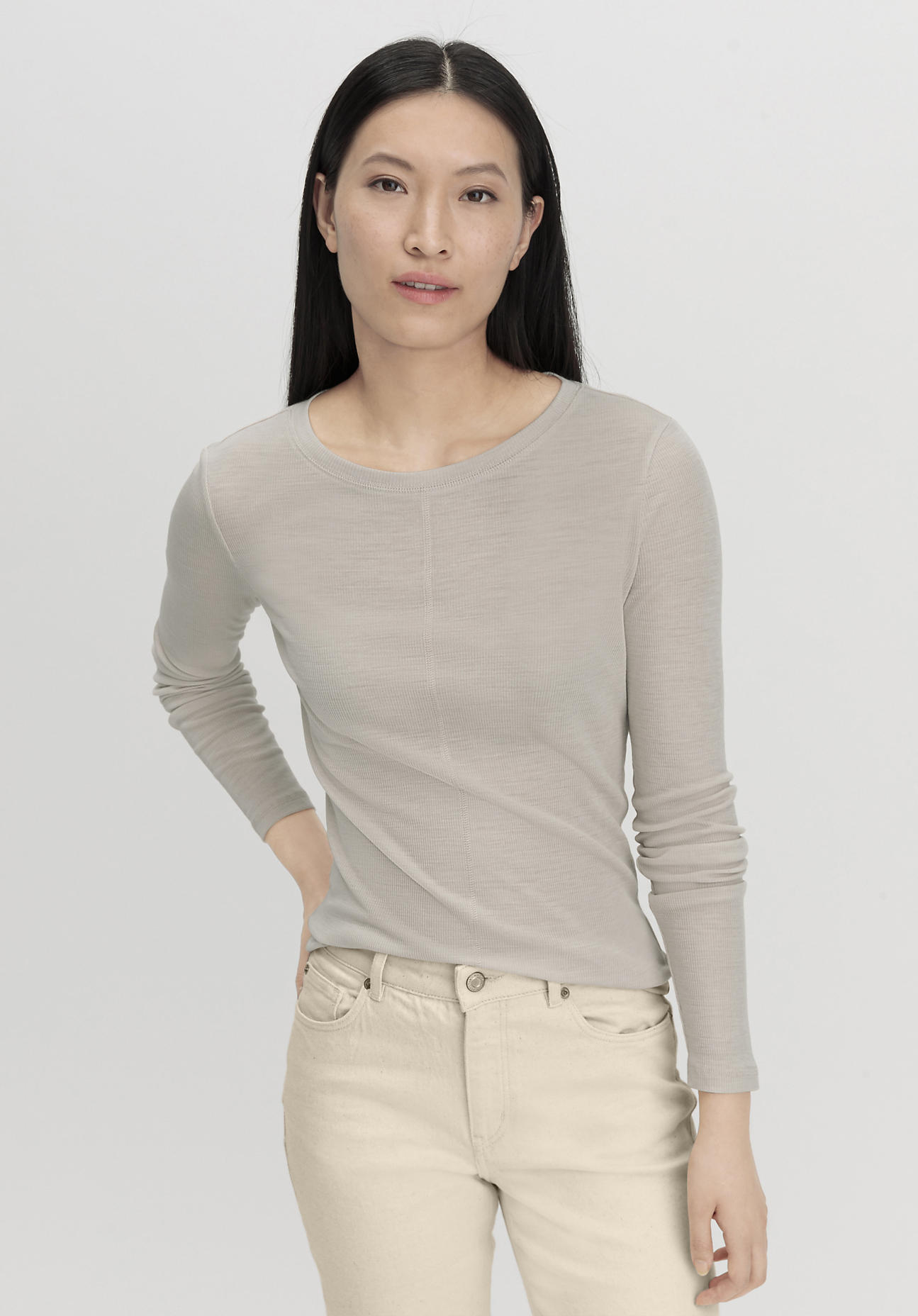 hessnatur Damen Rib Shirt Slim aus Bio-Merinowolle und TENCEL™ Lyocell - beige Grösse34 von hessnatur