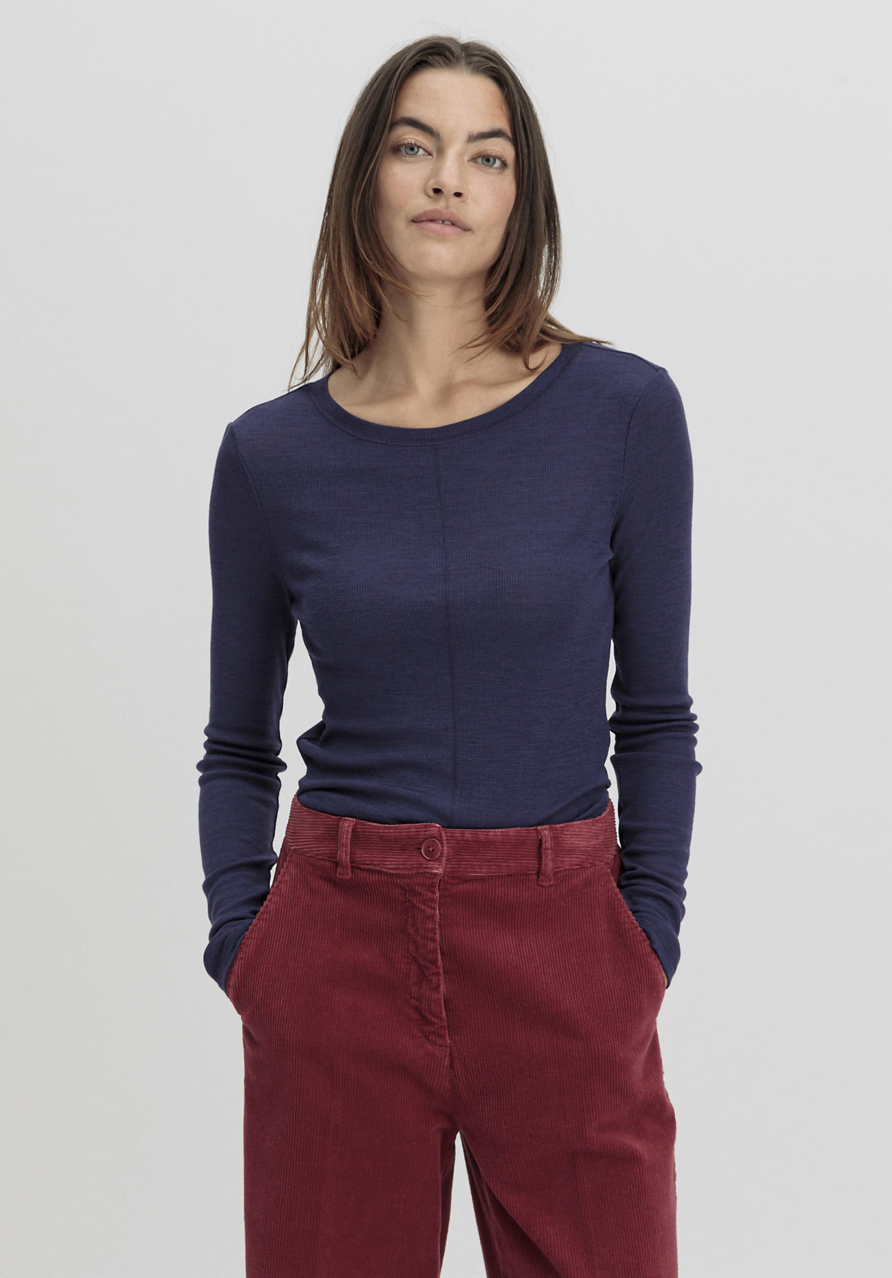 hessnatur Damen Rib Shirt Slim aus Bio-Merinowolle und TENCEL™ Lyocell - blau Grösse34 von hessnatur