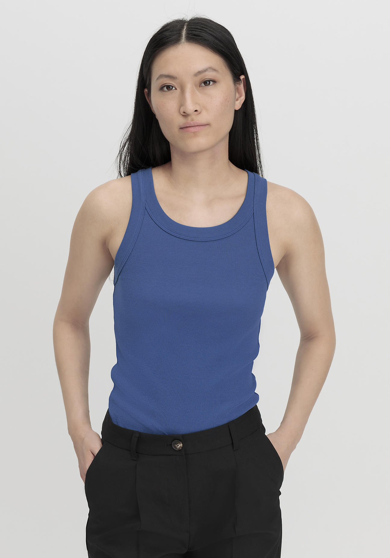 hessnatur Damen Rib Top Slim aus Bio-Baumwolle - blau Grösse34 von hessnatur