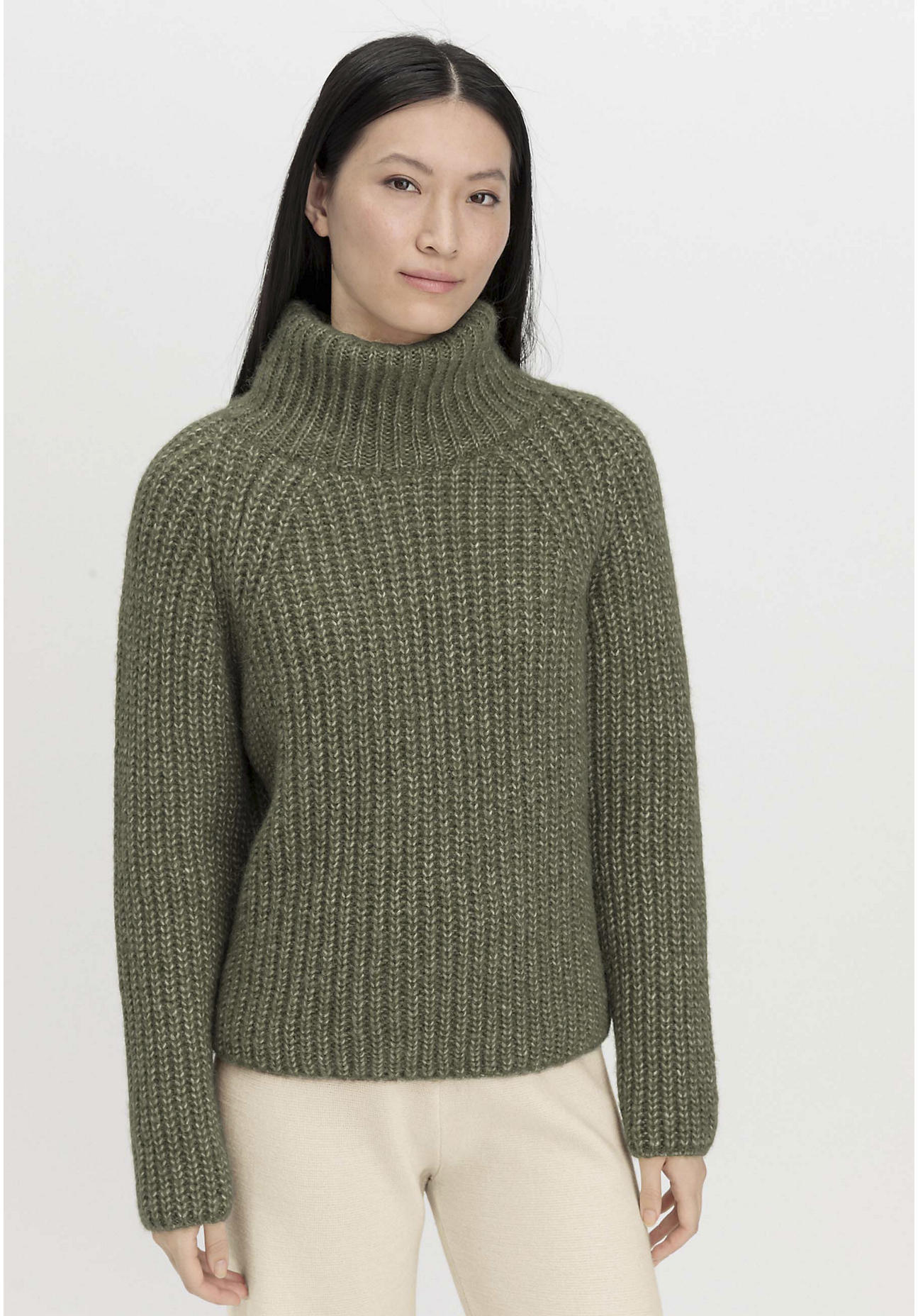 hessnatur Damen Rollkragen Pullover Relaxed aus Alpaka mit reiner Bio-Baumwolle - grün GrösseL von hessnatur