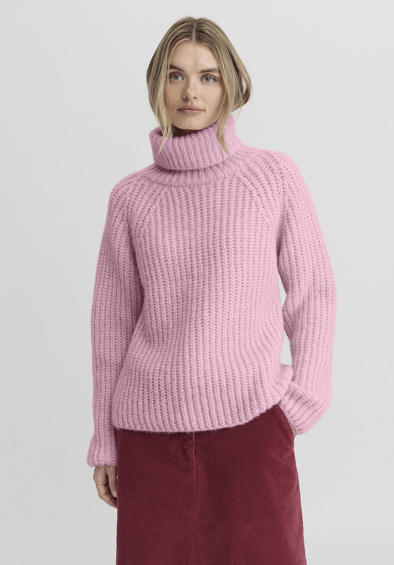 hessnatur Damen Rollkragen Pullover Relaxed aus Alpaka mit Bio-Baumwolle - rosa GrösseL von hessnatur