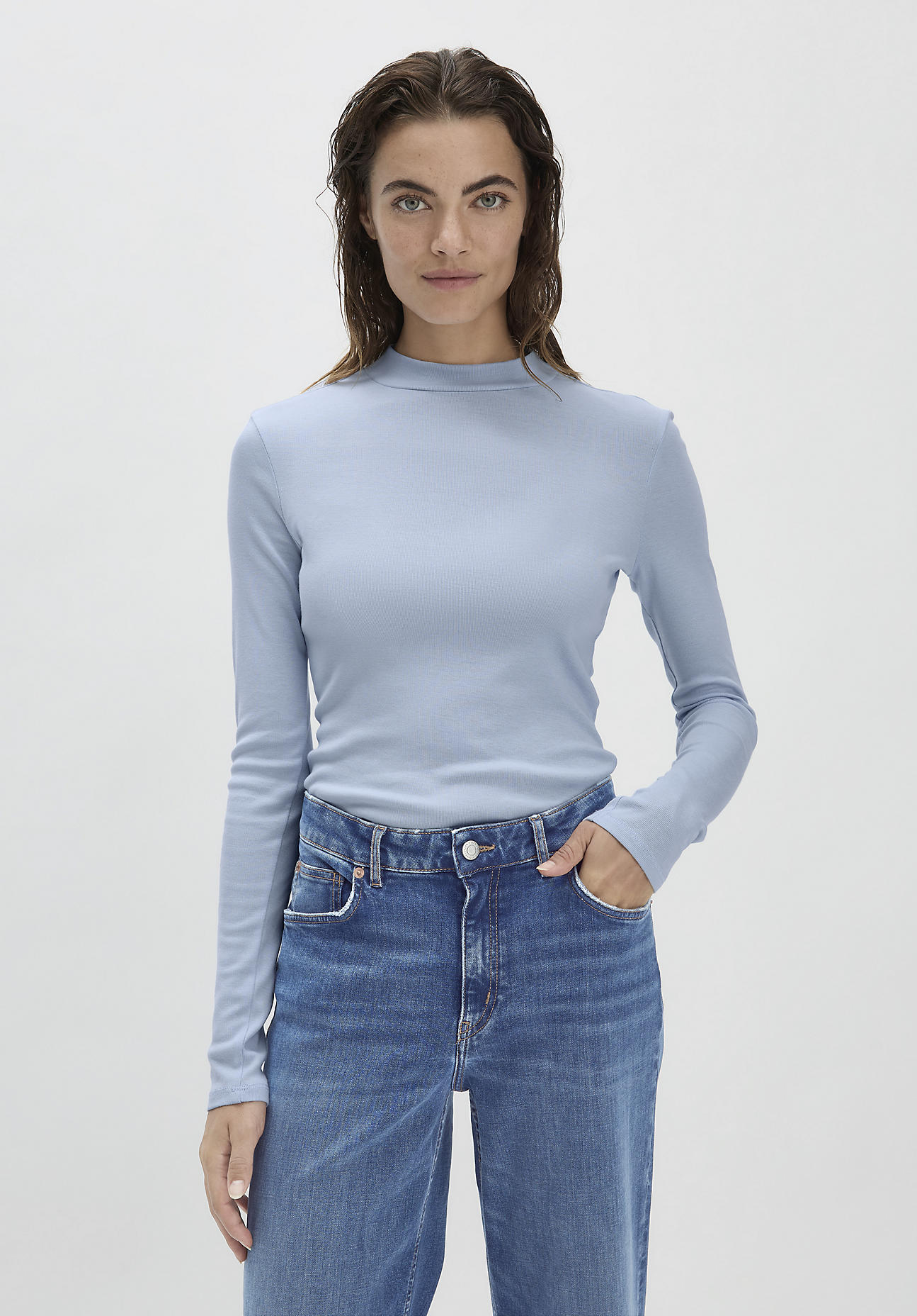 hessnatur Damen Softrib Langarmshirt Slim aus Bio-Baumwolle und TENCEL™ Modal - blau Grösse36 von hessnatur