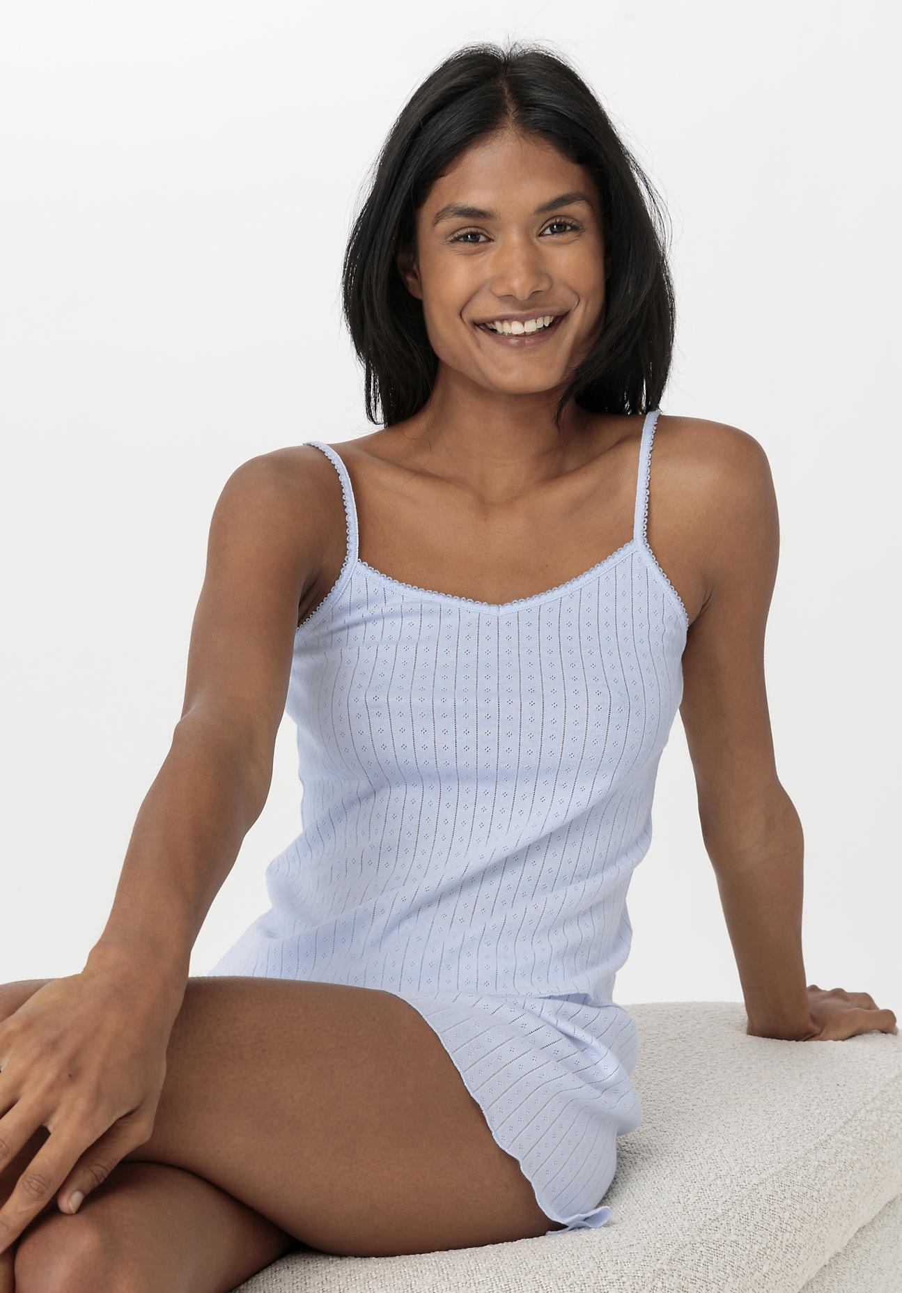 hessnatur Damen Spaghetti Top Fitted PURE POINTELLE aus Bio-Baumwolle - blau Grösse38 von hessnatur