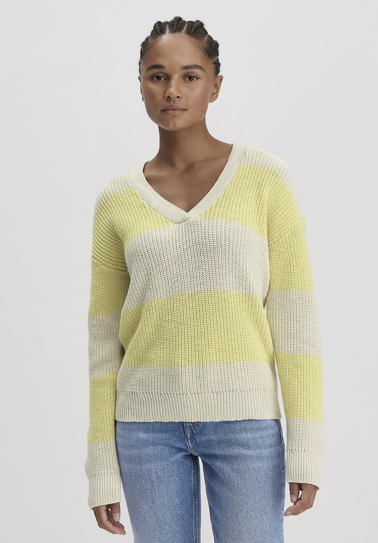 hessnatur Damen Streifen Strick Pullover Relaxed aus Bio-Baumwolle - gelb GrösseL von hessnatur