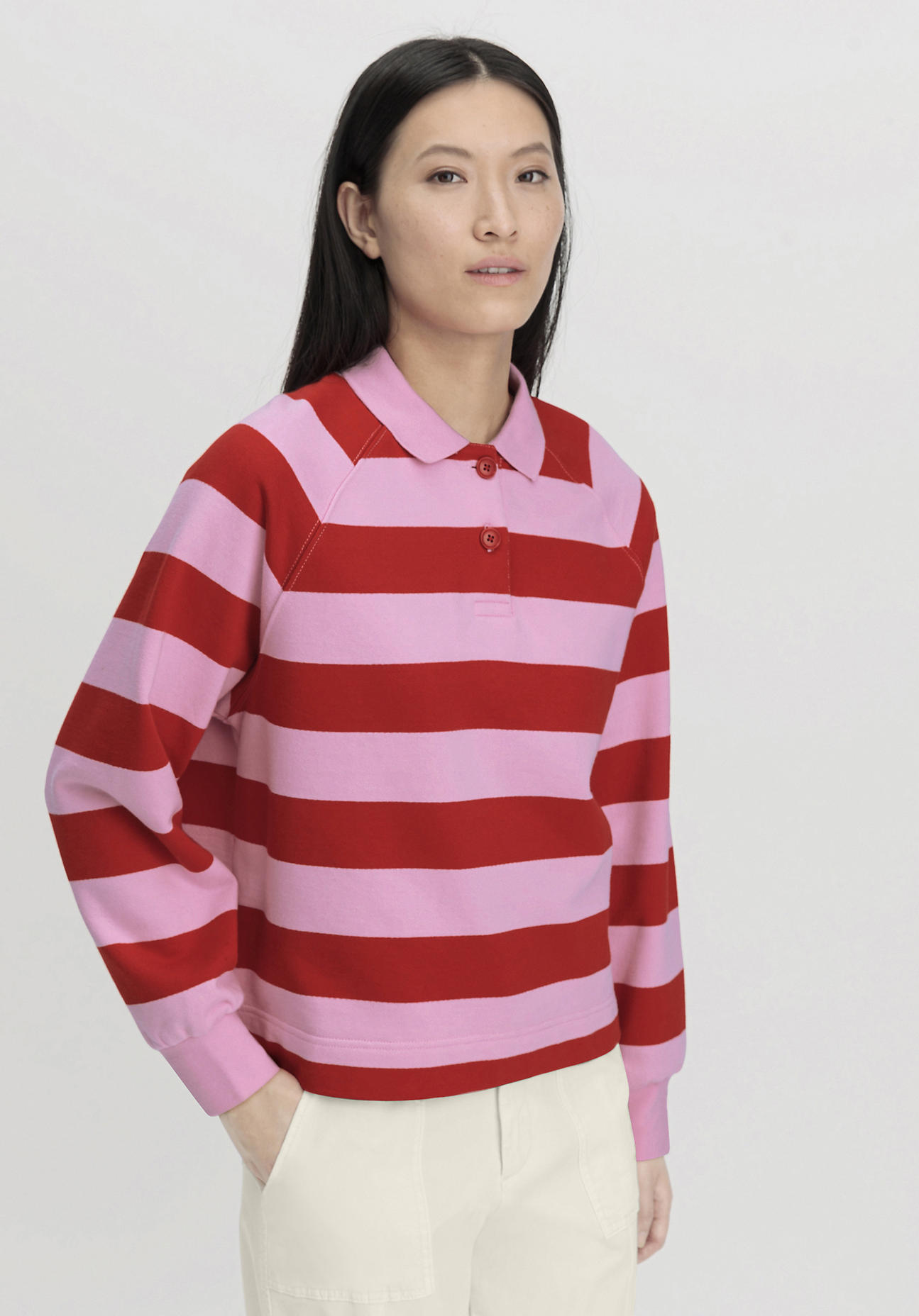 hessnatur Damen Sweatpolo Streifen Relaxed aus Bio-Baumwolle - rosa GrösseM von hessnatur