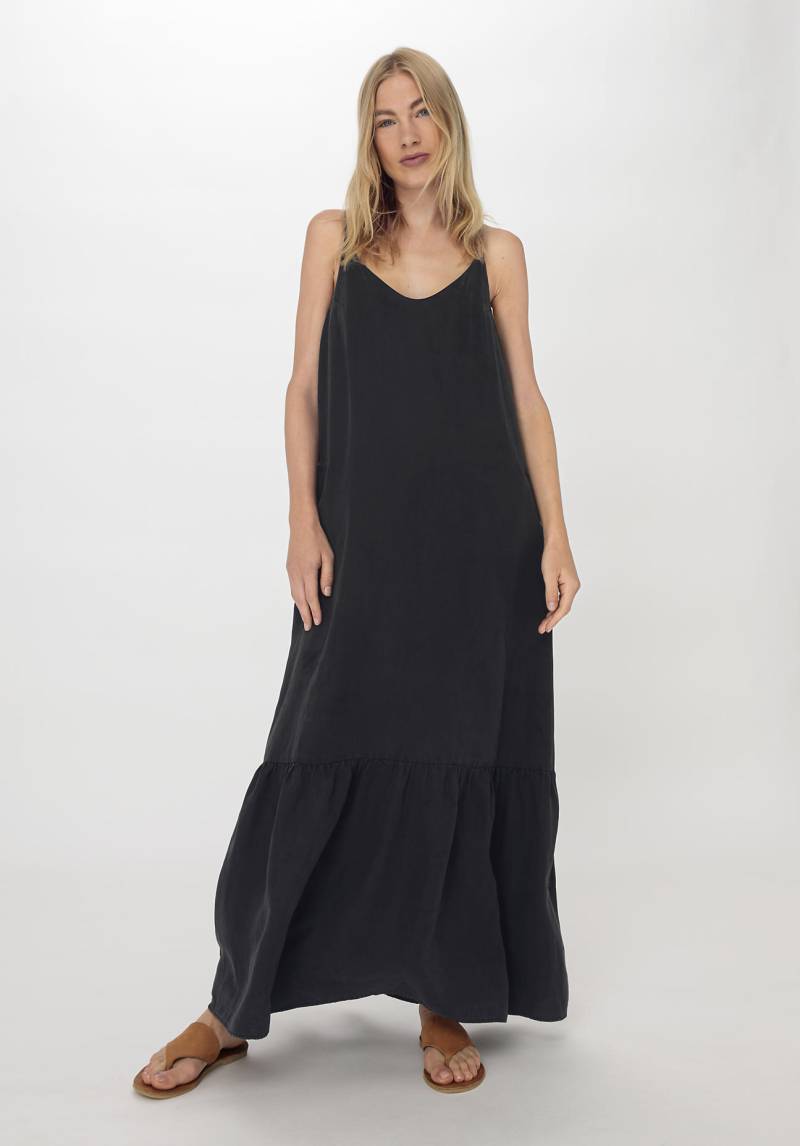 hessnatur Damen Trägerkleid Maxi Relaxed aus TENCEL™ Lyocell mit Leinen - schwarz Grösse48 von hessnatur