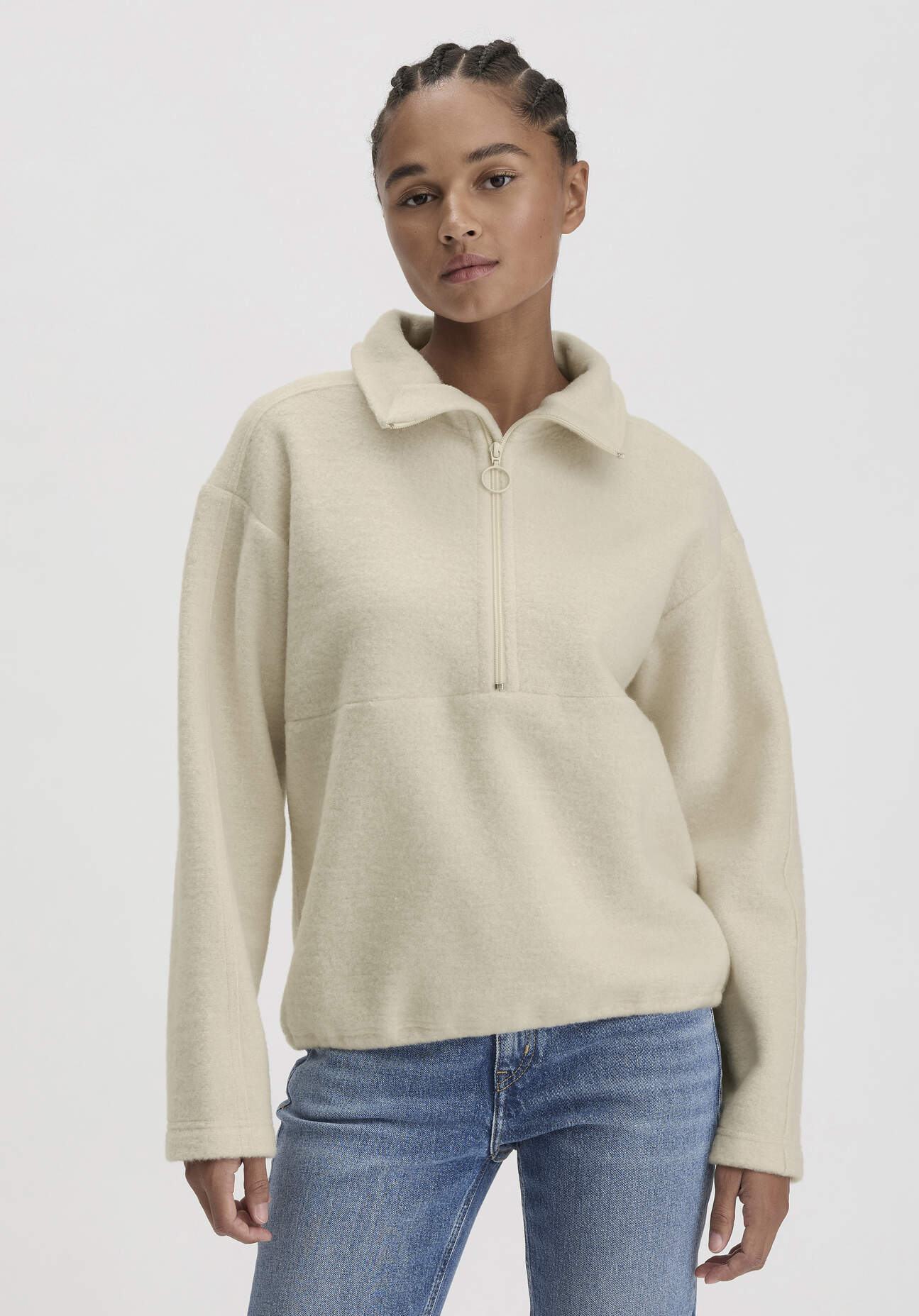 hessnatur Damen Wollfleece Troyer Relaxed aus Bio-Merinowolle mit Bio-Baumwolle - beige GrösseL von hessnatur