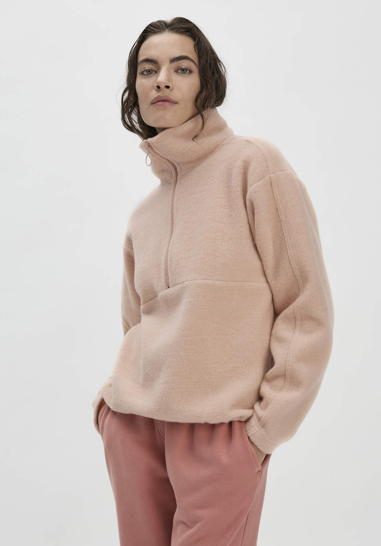 hessnatur Damen Wollfleece Troyer Relaxed aus Bio-Merinowolle mit Bio-Baumwolle - rosa GrösseL von hessnatur