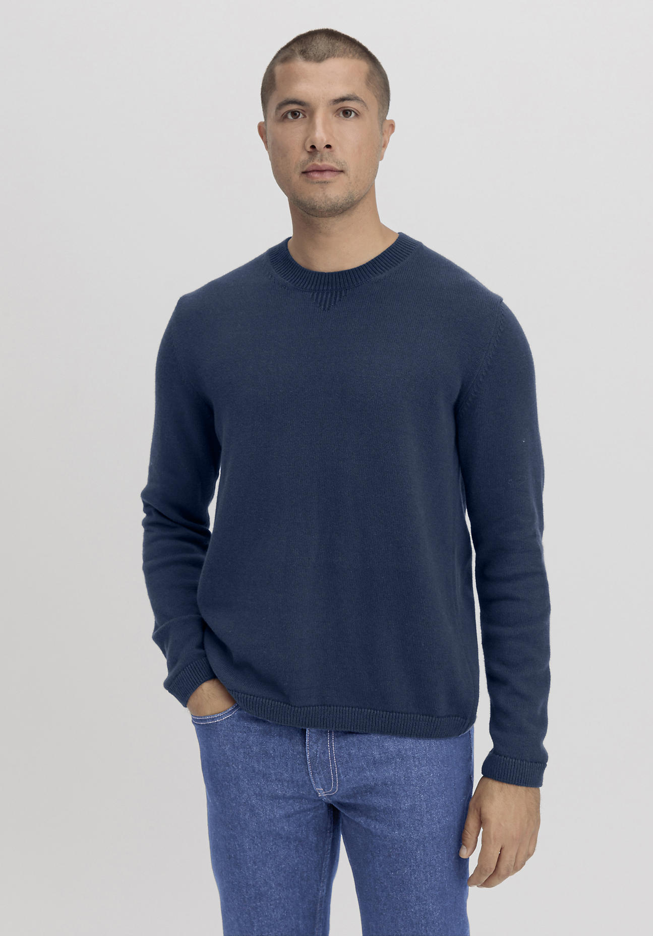 hessnatur Herren Pullover Regular aus Bio-Baumwolle mit Bio-Merinowolle - blau Grösse46 von hessnatur