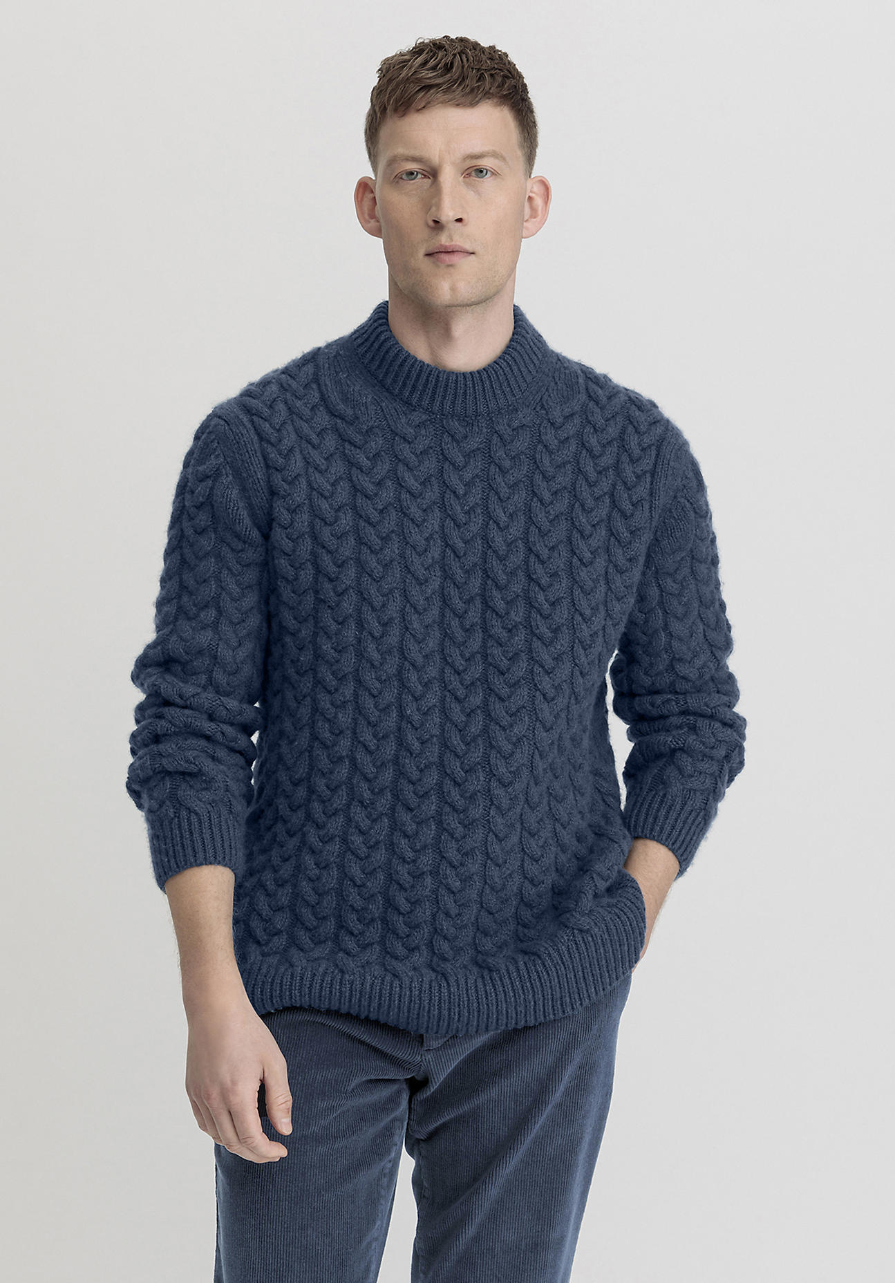 hessnatur Herren Zopf Pullover Regular aus Merinowolle - blau Grösse48 von hessnatur