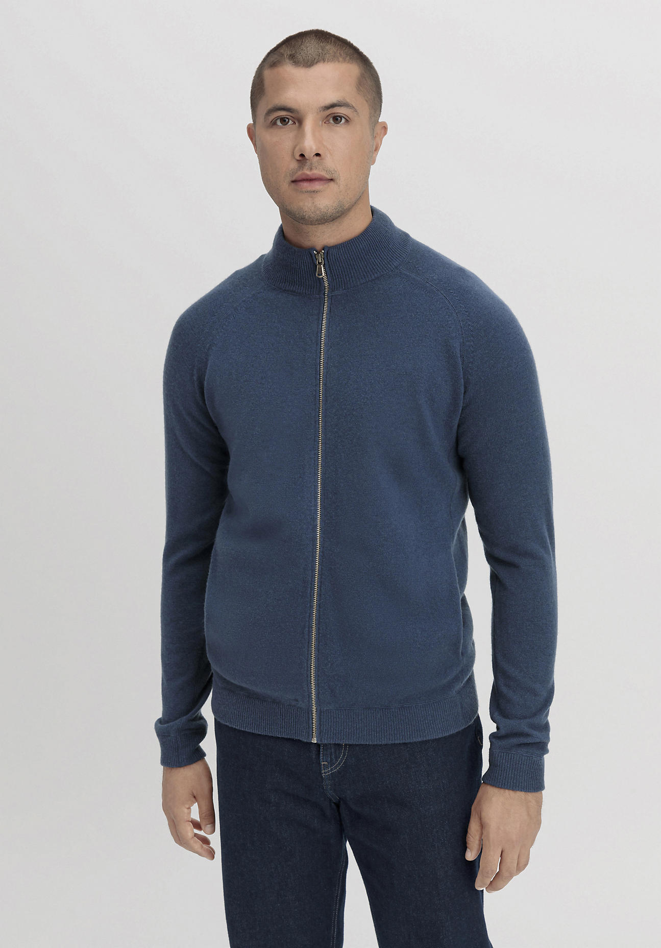 hessnatur Herren Zip-Jacke Slim aus Schurwolle und Kaschmir - blau Grösse48 von hessnatur