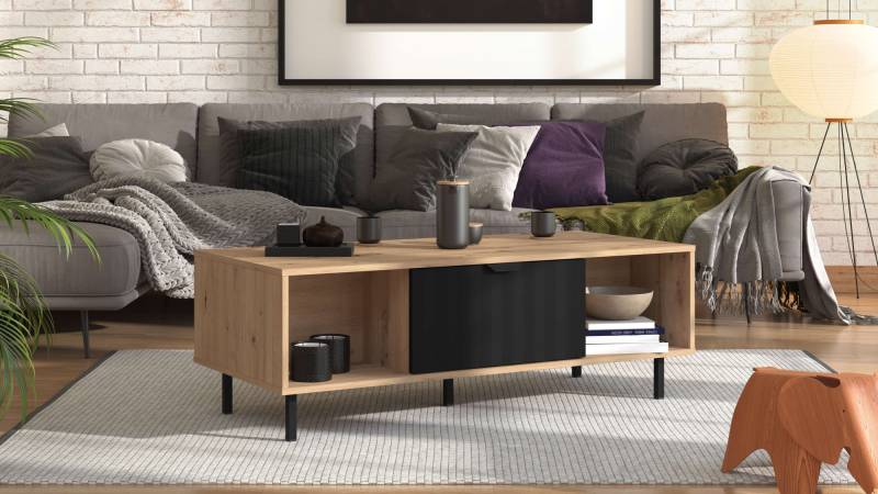 Home affaire Couchtisch »Vandea, 120 cm, modernes Design mit viel Stauraum, rechteckig«, Vier offene Fächer und ein geschlossenes, Klapptür, Artisan Eiche von home affaire