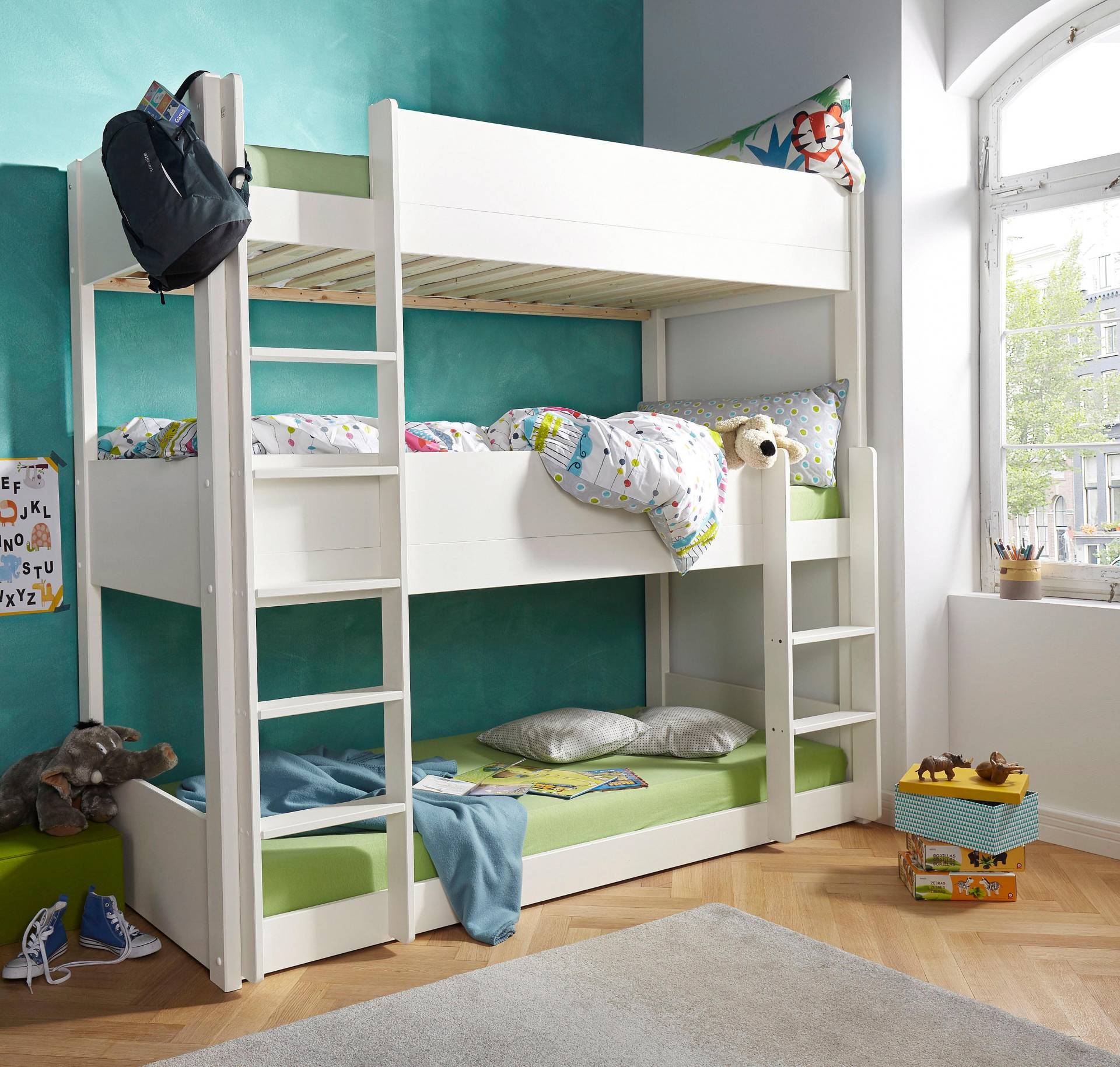 Lüttenhütt Etagenbett »"TIPO"BESTSELLER! Stockbett, Hochbett, Bodenbett, platzsparend«, (Leitern beidseitig montierbar), mit 3 Schlafplätzen, FSC® zertifiziertes Massivholz (Kiefer) von Lüttenhütt