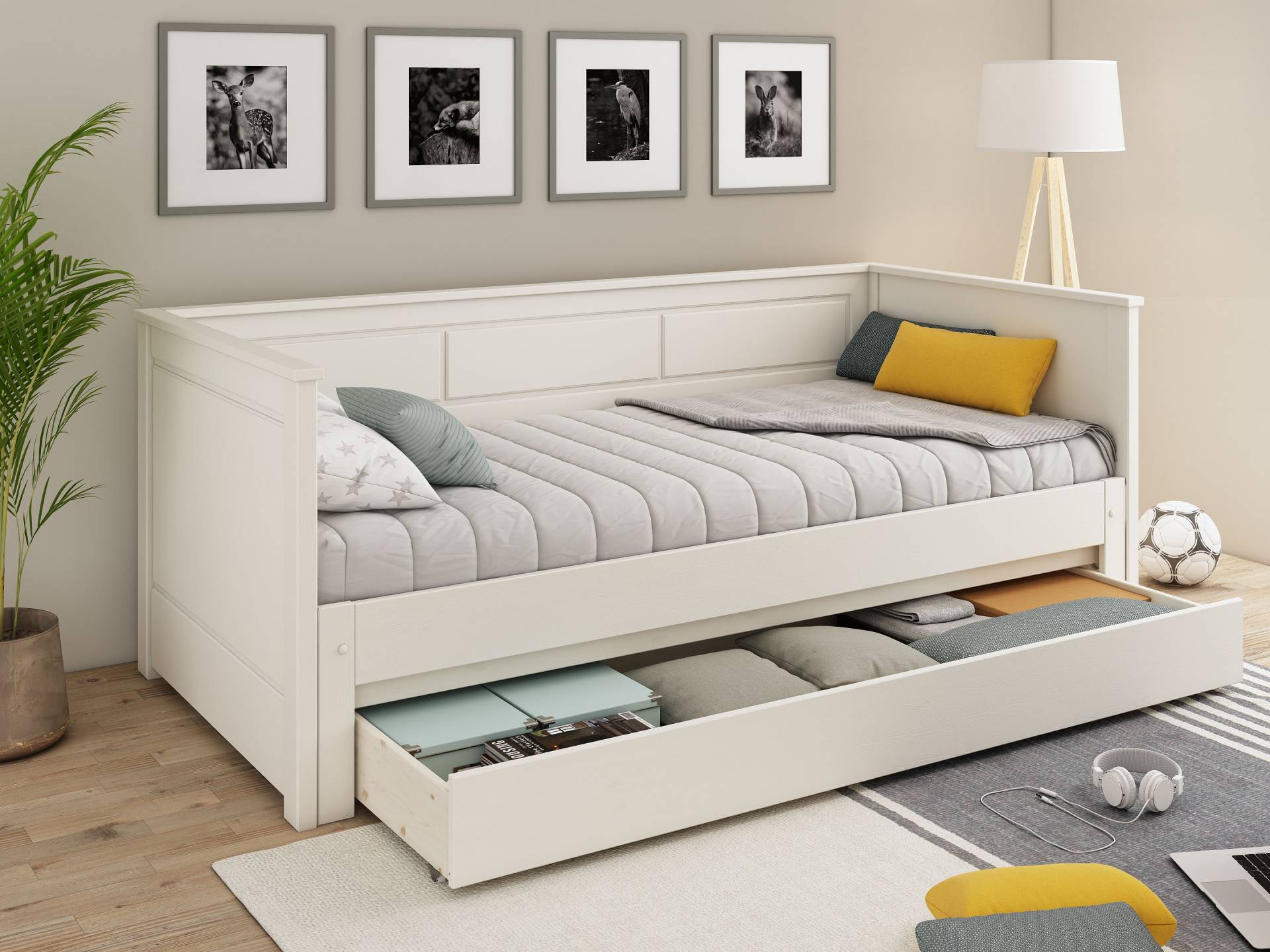 Lüttenhütt Funktionsbett »" ERIK " TOPSELLER! Daybed, Kinderbett, Massivholz (Kiefer)«, (stilvolle Kassetten - Fräsung), 2. Schlafplatz ausziehbar, moderner Landhausstil, Schublade optional von Lüttenhütt