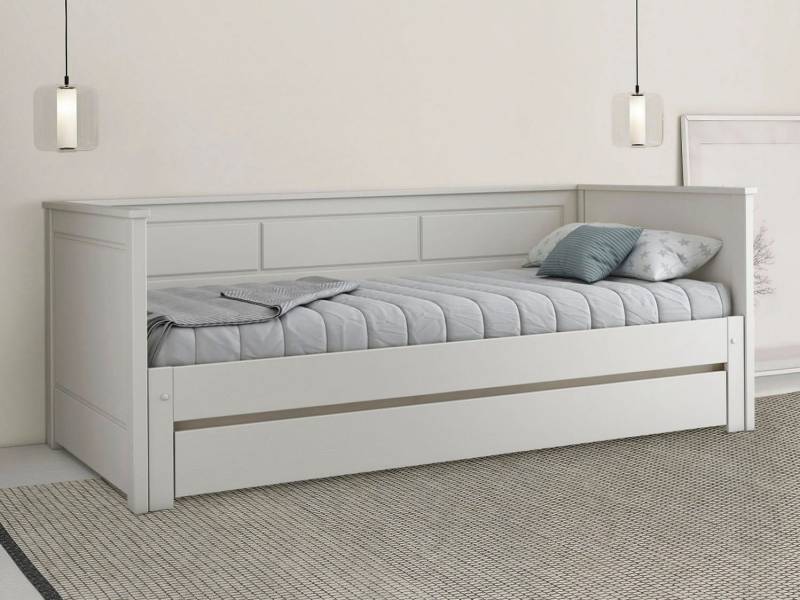 Lüttenhütt Funktionsbett »" ERIK " TOPSELLER! Daybed, Kinderbett, Massivholz (Kiefer)«, (stilvolle Kassetten - Fräsung), 2. Schlafplatz ausziehbar, moderner Landhausstil, Schublade optional von Lüttenhütt