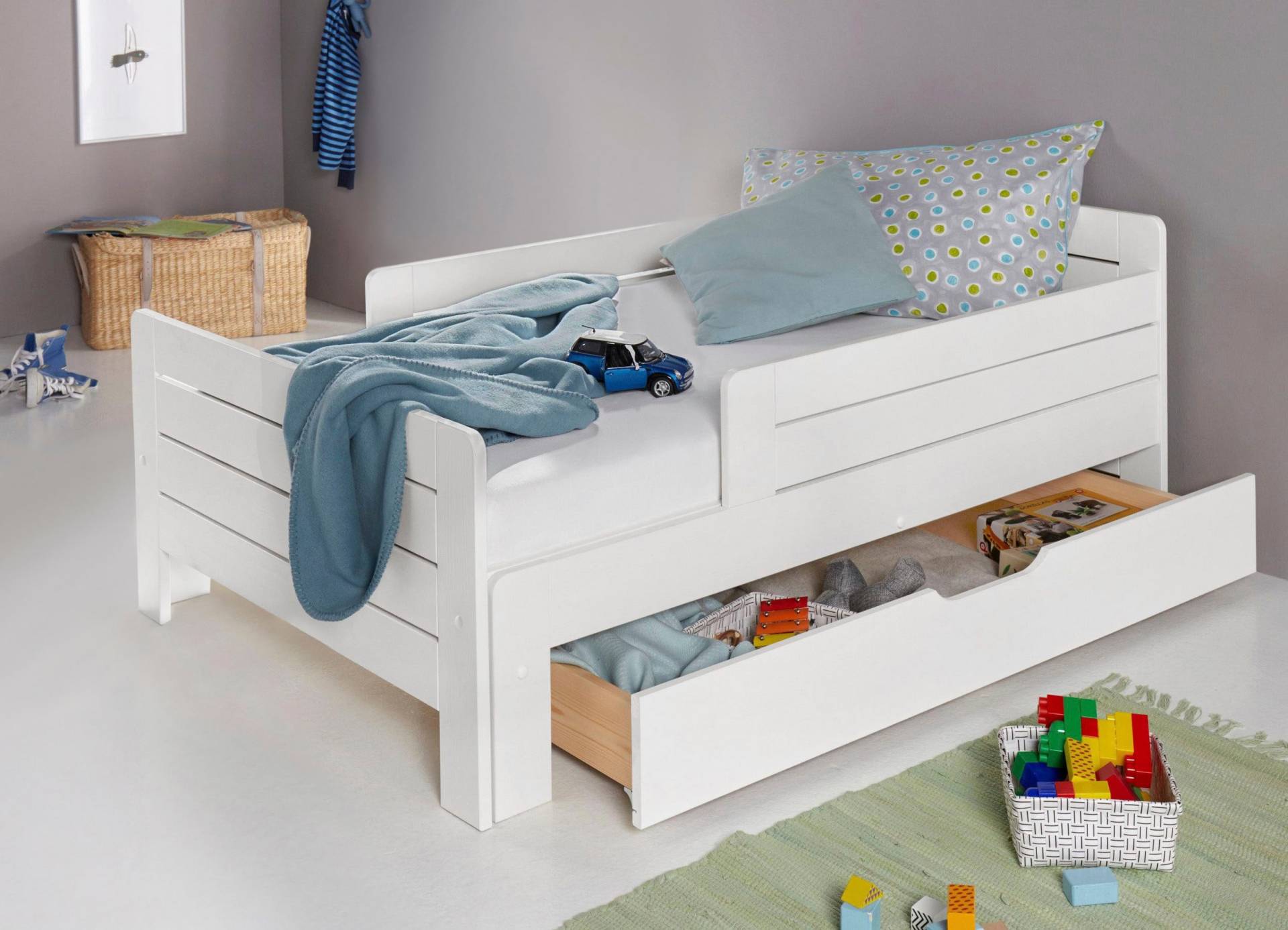 Lüttenhütt Funktionsbett »"LOTTE " Bestseller! Kinderbett mit Rausfallschutz, Schublade optional«, (ausziehbar von 140cm-200cm Länge), Mitwachsend, FSC® zertifiziertes Massivholz von Lüttenhütt