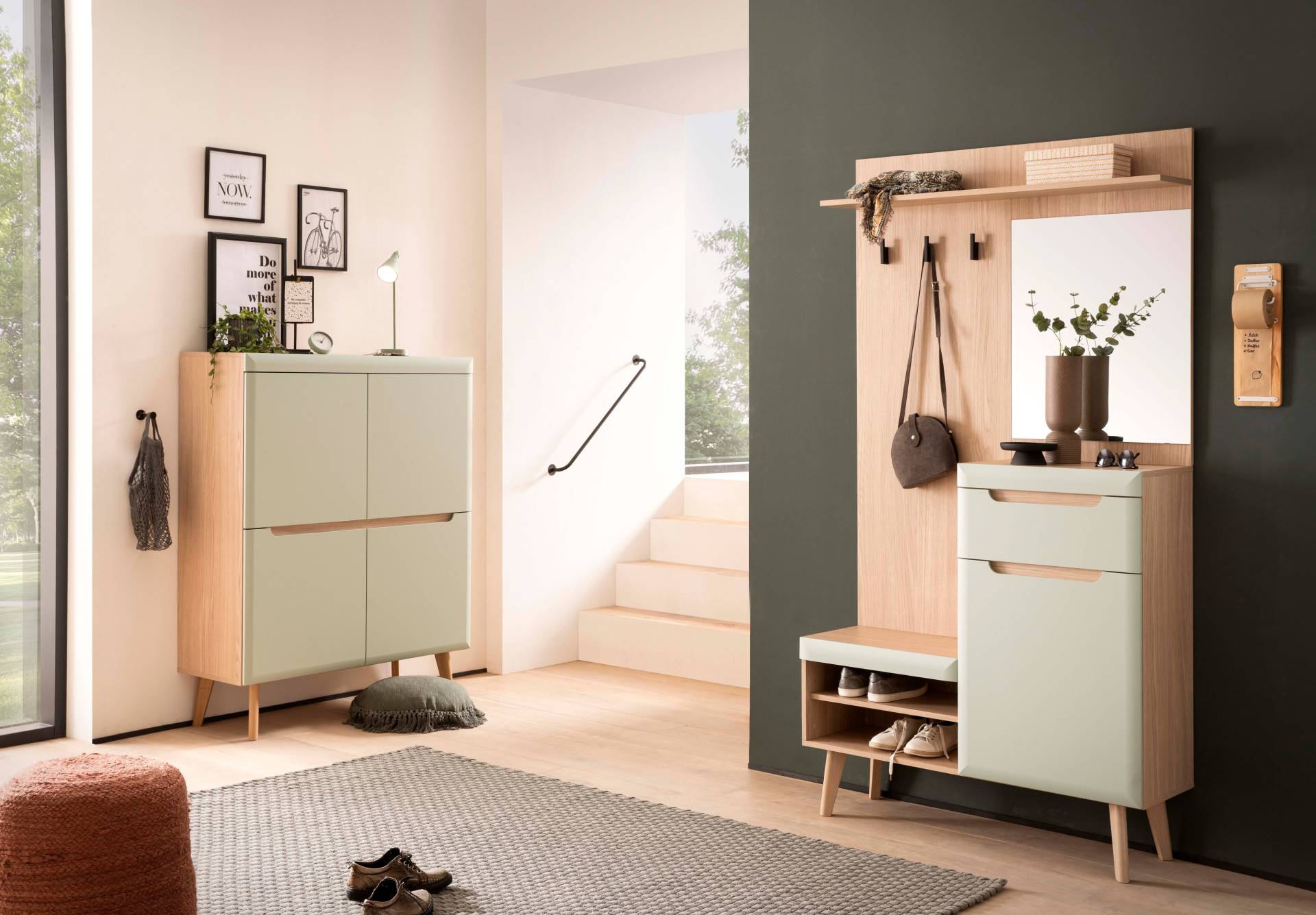 Home affaire Garderoben-Set »Torge, Garderobe mit Stauraum, Garderobenschrank im Scandic Design«, (Set, 2 St.), enthält Highboard und Garderobe mit Spiegel, in zwei Farben von home affaire