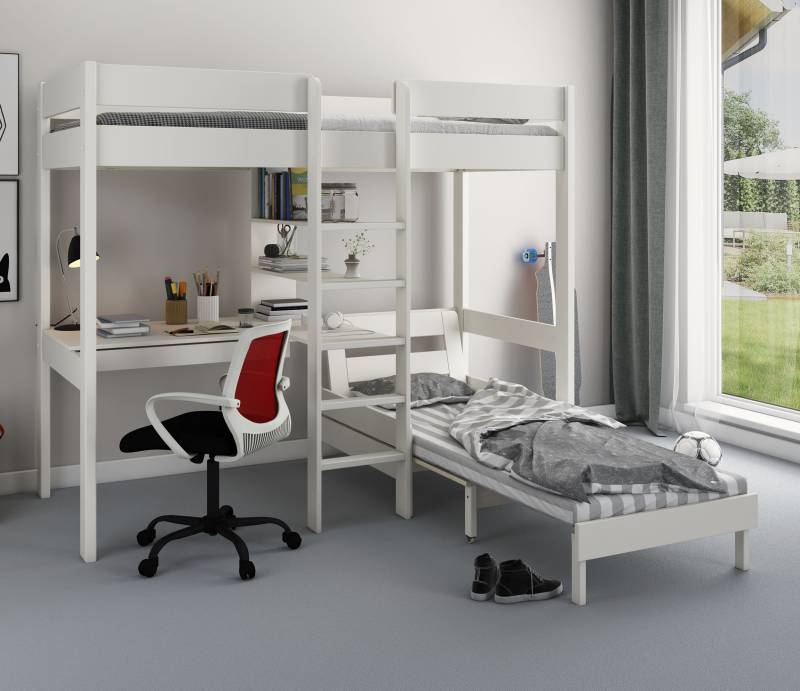 Lüttenhütt Hochbett »Stockbett, Kinderbett, "ROBIN " FSC® zertifiziertes Massivholz«, mit Schreibtisch und Regalen von Lüttenhütt