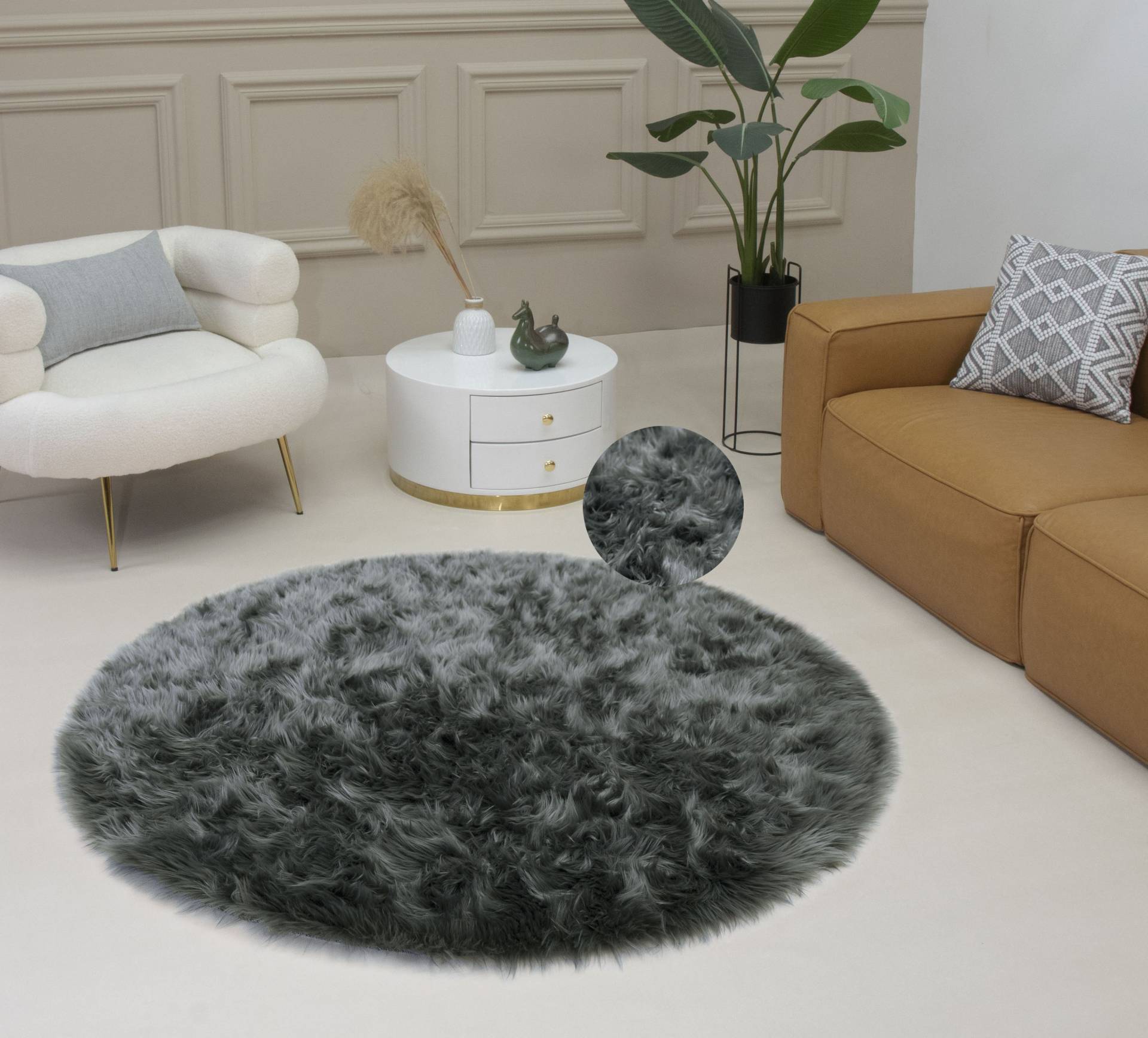 Home affaire Fellteppich »Dena, Hochflor Teppiche«, rund, 60 mm Höhe, Kunstfell, weich, Uni-Farben, Wohnzimmer, Schlafzimmer, Esszimmer von home affaire