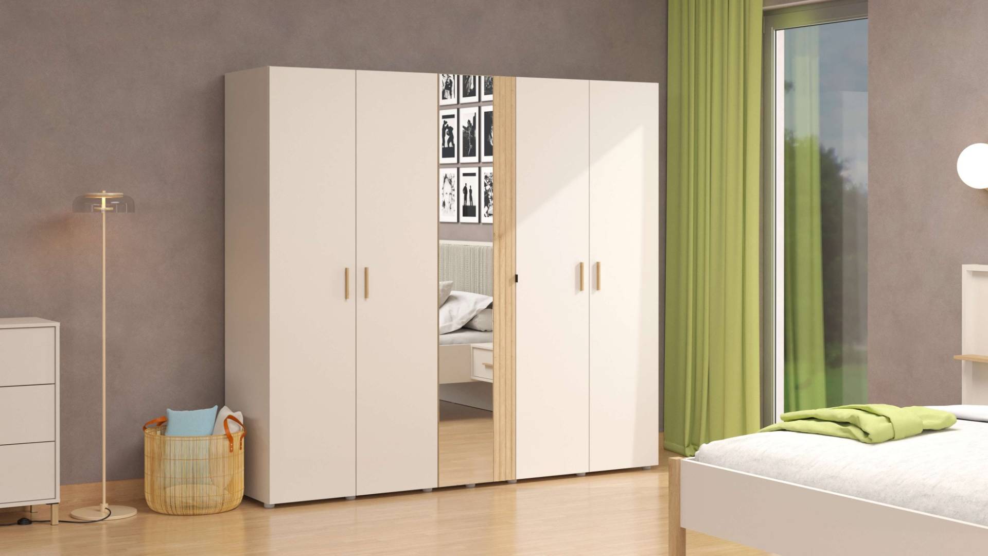 Home affaire Kleiderschrank »Belfort, Schlafzimmerschrank mit Spiegel 5-türig Wäscheschrank«, 225x56x208, FSC-zertifizierter Holzwerkstoff, Trendfarbe cashmere von home affaire