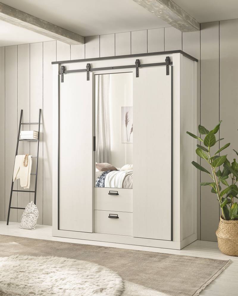 Home affaire Kleiderschrank »SHERWOOD«, Scheunentorbeschlag aus Metall, Schubkasten "Soft close", Breite 92 cm von home affaire