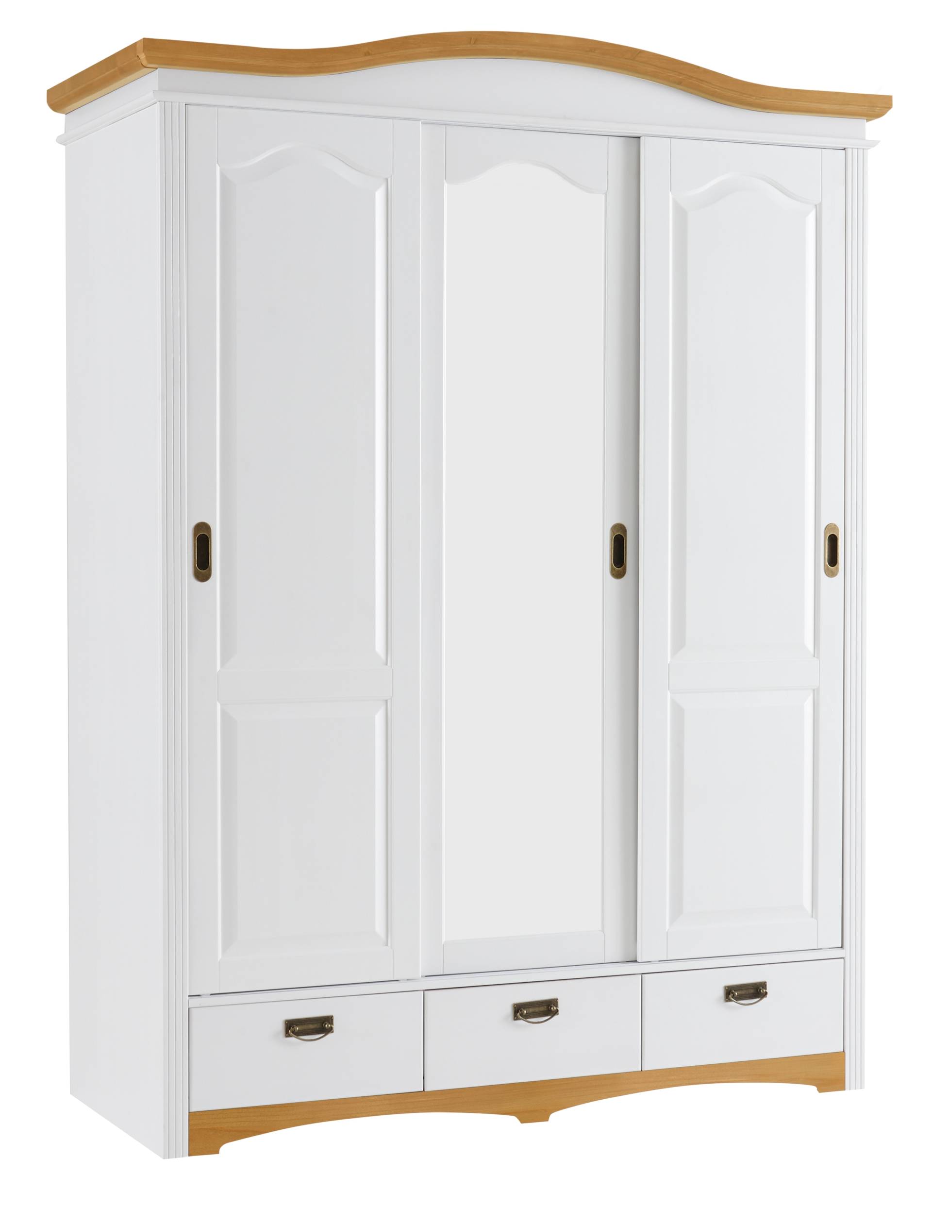 Home affaire Schiebetürenschrank »Konrad, Landhausstil, rustikal, mit Schubladen + Spiegel, Kassetten«, (3 Breiten: 153/202/249 cm H/T ca.207/64 cm), massive Kiefer, FSC®-zertifiziert, Messinggriffe, mehrere Varianten von home affaire