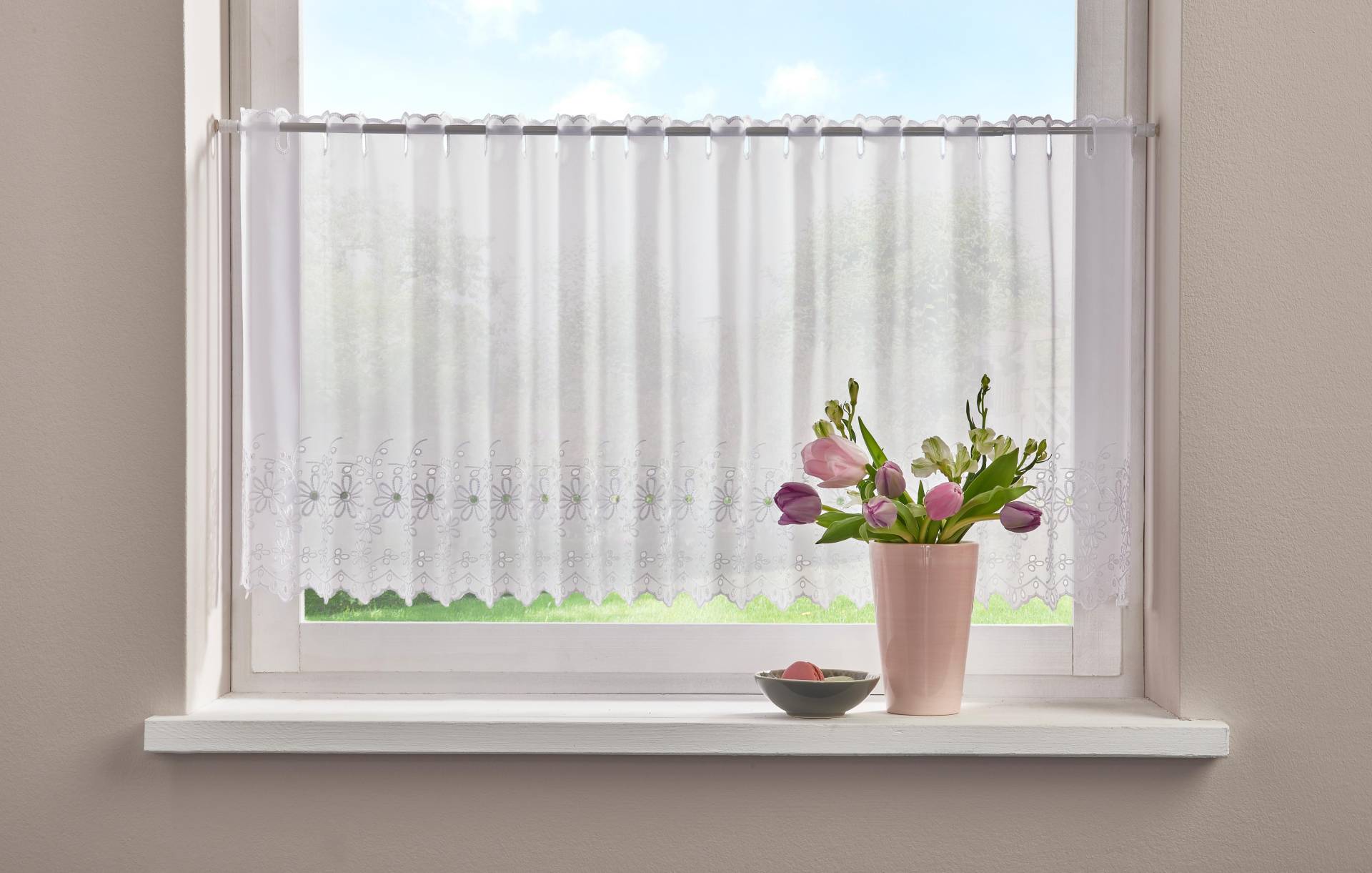 Home affaire Scheibengardine »Sunny«, (1 St.), transparent, florales Design mit Lochstickerei, Voile Home affaire Scheibengardine »Sunny«, (1 St.), transparent, florales Design mit Lochstickerei, Voile von home affaire