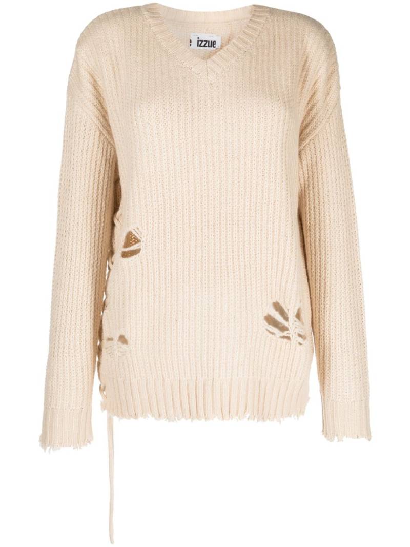 izzue distressed-effect V-neck jumper - Neutrals von izzue