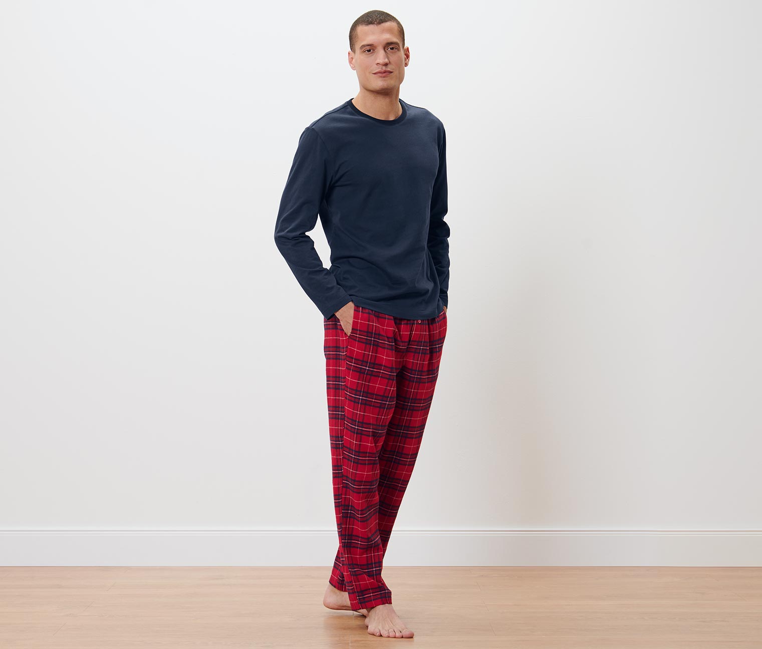 Herren-Pyjama mit Flanellhose, dunkelblau und bordeauxrot