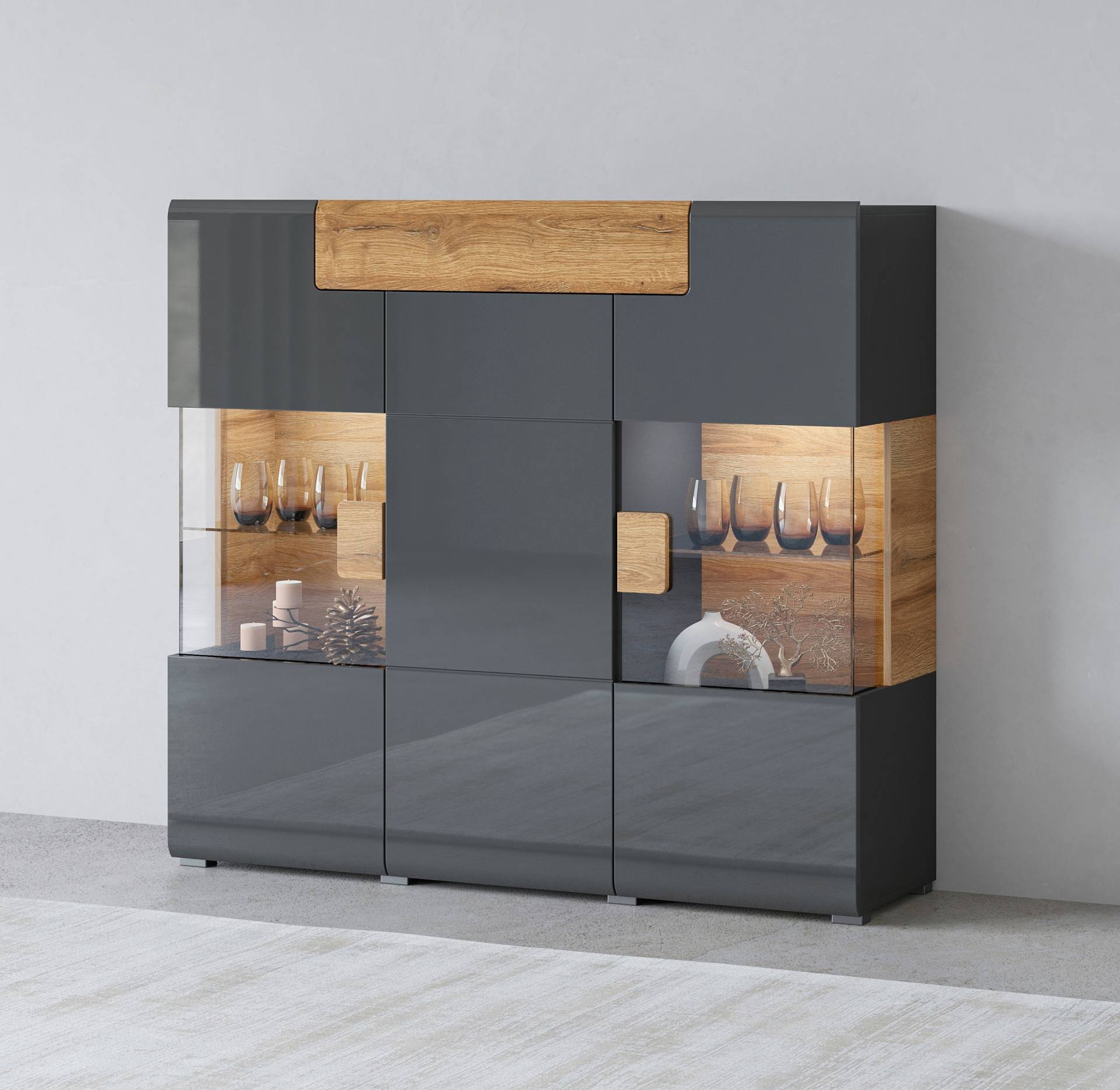 INOSIGN Highboard »Toledo,Breite 147,5cm,trendige Hochkommode mit 3Türen und Schublade«, Hochschrank mit Glas-Partien,stylische Hochglanzfronten von INOSIGN