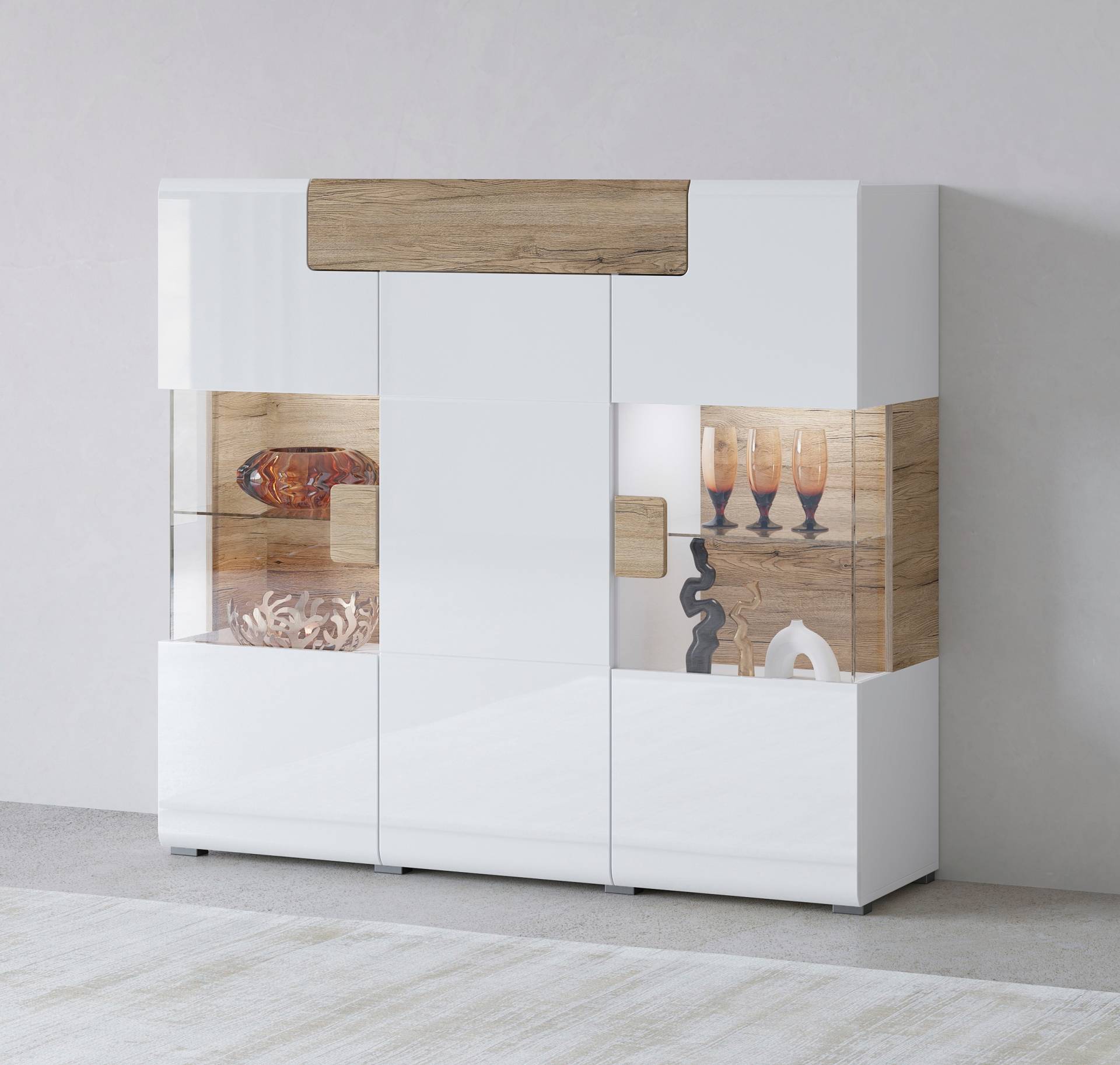 INOSIGN Highboard »Toledo,Breite 147,5cm,trendige Hochkommode mit 3Türen und Schublade«, Hochschrank mit Glas-Partien,stylische Hochglanzfronten von INOSIGN