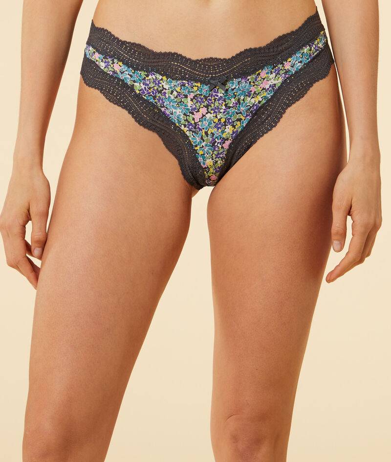 Tanga imprimé en microfibre et dentelle