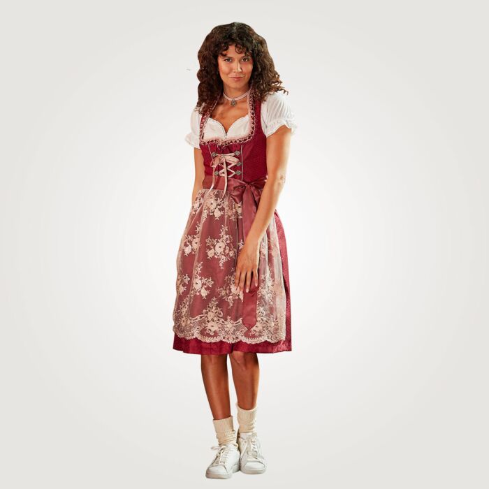 Traditionelles Dirndl mit floraler Spitze, rot