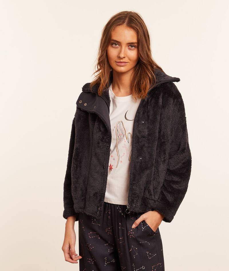 Fleece-jacke mit print am rücken