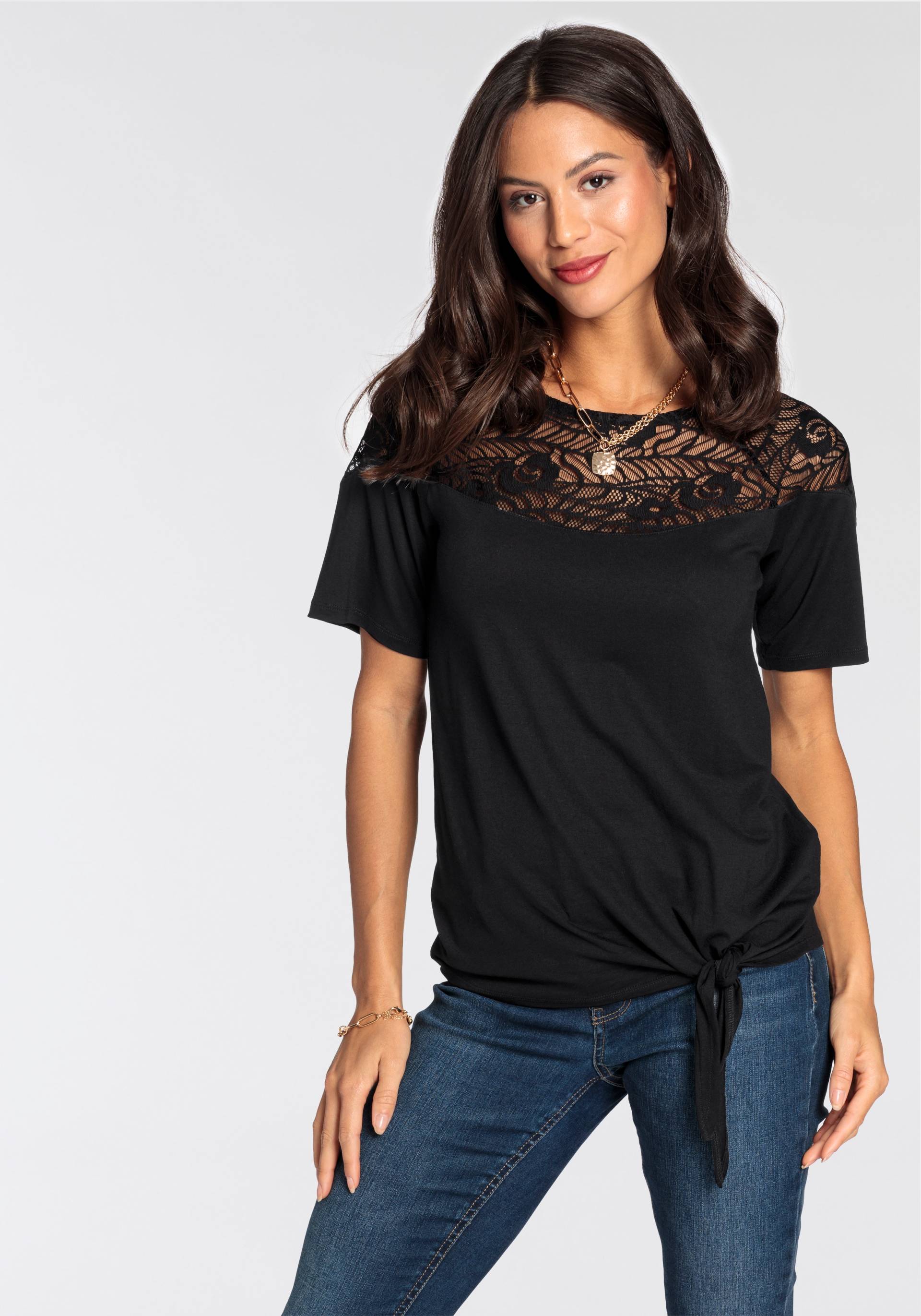Laura Scott Wickelshirt, halbarm, figurumspielende Passform, aus Single Jersey und Spitze Laura Scott Wickelshirt, halbarm, figurumspielende Passform, aus Single Jersey und Spitze von laura scott