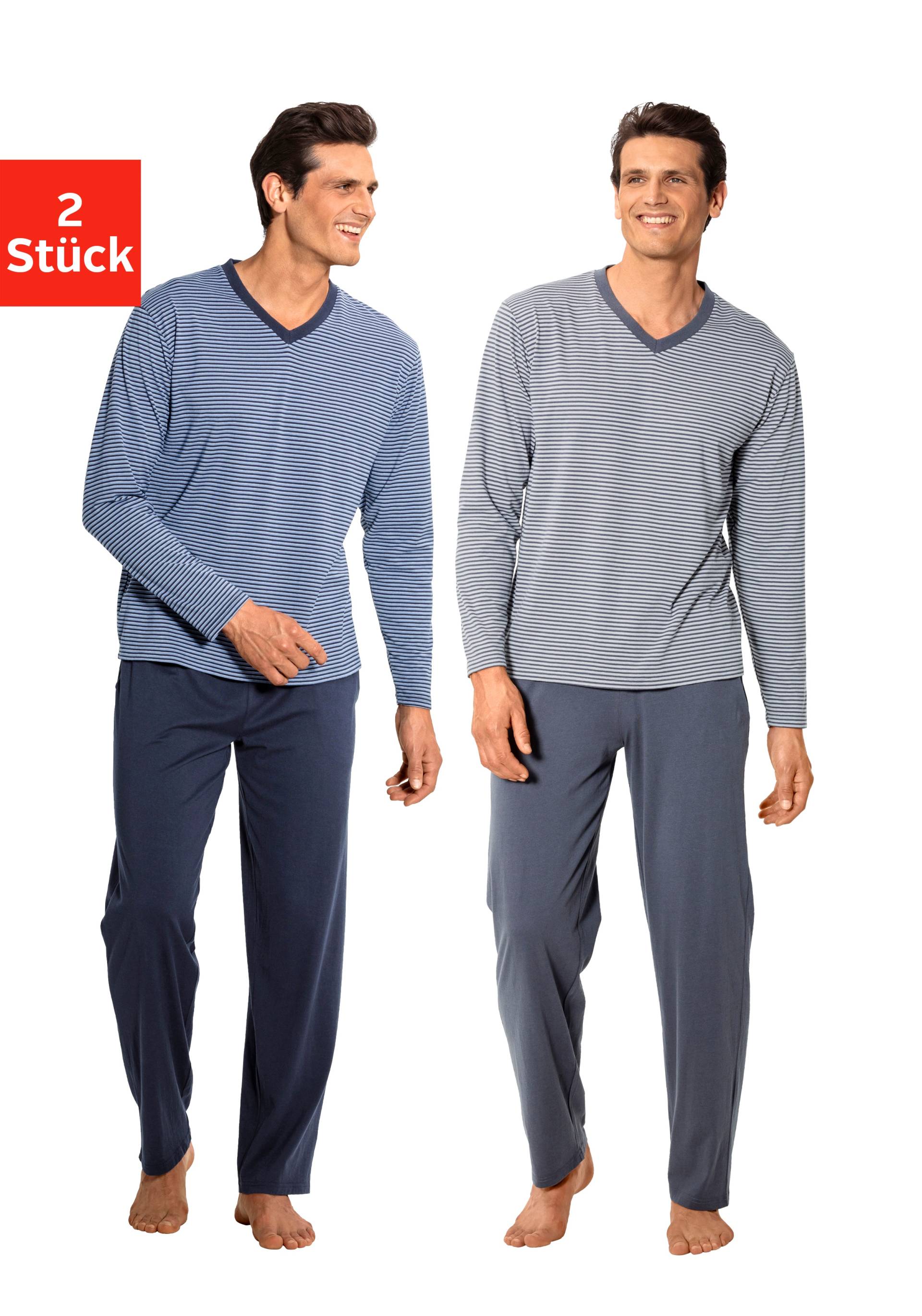 le jogger® Pyjama, (Packung, 4 tlg., 2 Stück), Schlafanzug mit garngefärbten Streifen von le jogger®