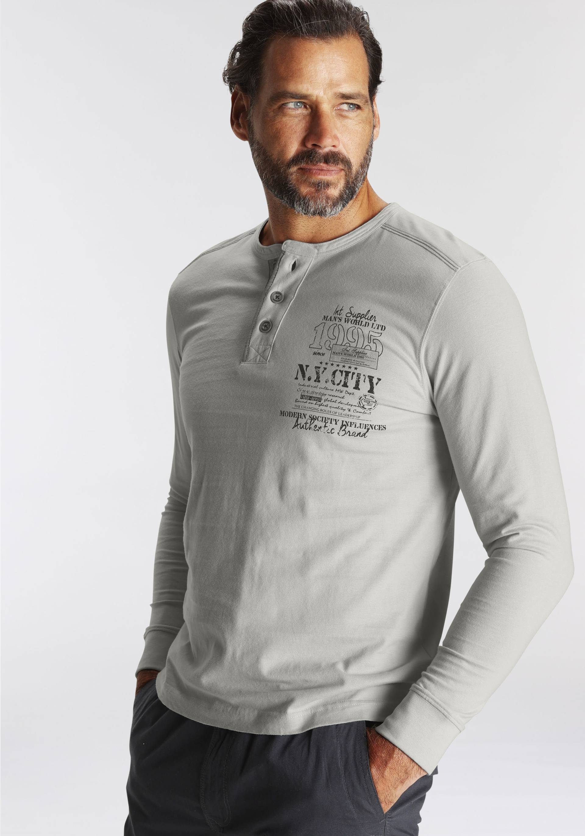 Man's World Henleyshirt, Langarm, mit lässigem Print, Rundhalsausschnitt mit Knopfleiste Man's World Henleyshirt, Langarm, mit lässigem Print, Rundhalsausschnitt mit Knopfleiste von mans world