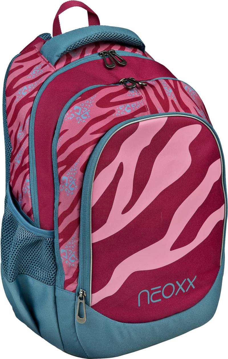 neoxx Schulrucksack »Fly, Berry Vibes«, Reflektionsnaht-Floureszierende Flächen, aus recycelten PET-Flaschen von neoxx